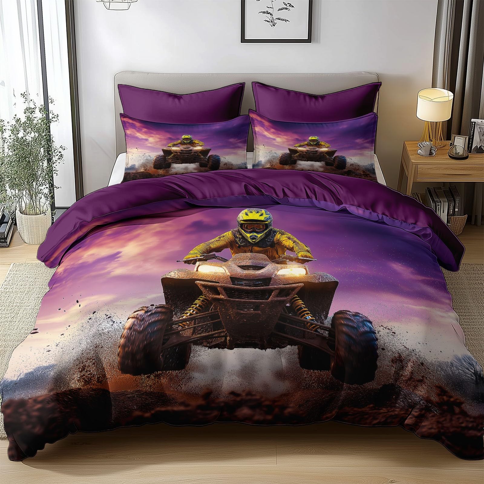 Duvet Cover Sets Realistic Photography Off-Road Vehicle Driver 260 x 220 cm Premium Microfiber Bedding Sets, Purple Soft Reversible Duvet Covers With Zipper Closure, For Kids Luxury Bedding Set