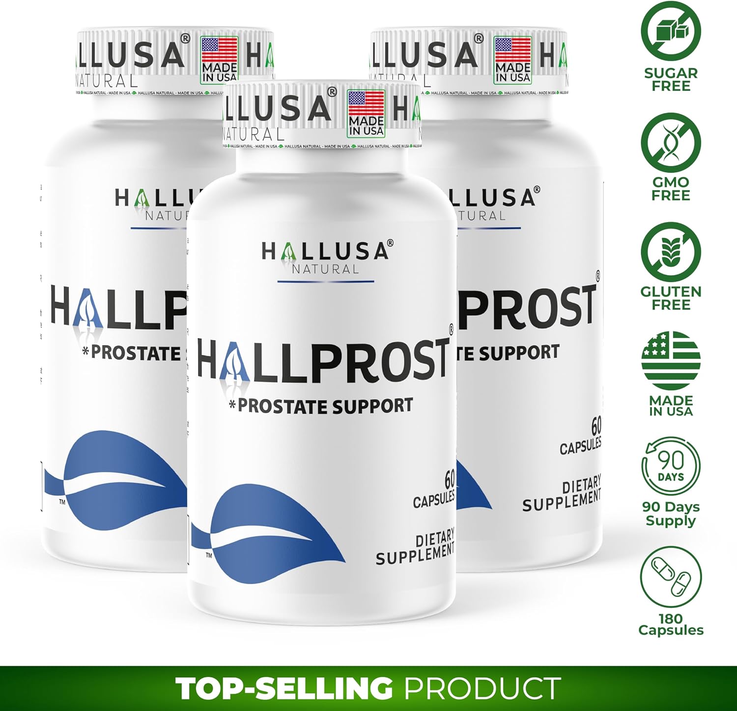 Hallusa Natural HALLPROST Prostate Health Complex Urinary Tract & Bladder Support 180 Capsules, Saw Palmetto, Pygeum Africanium, Pumpkin Seed, Zinc, Vitamin E, Prostate Health Supplement for Men +40