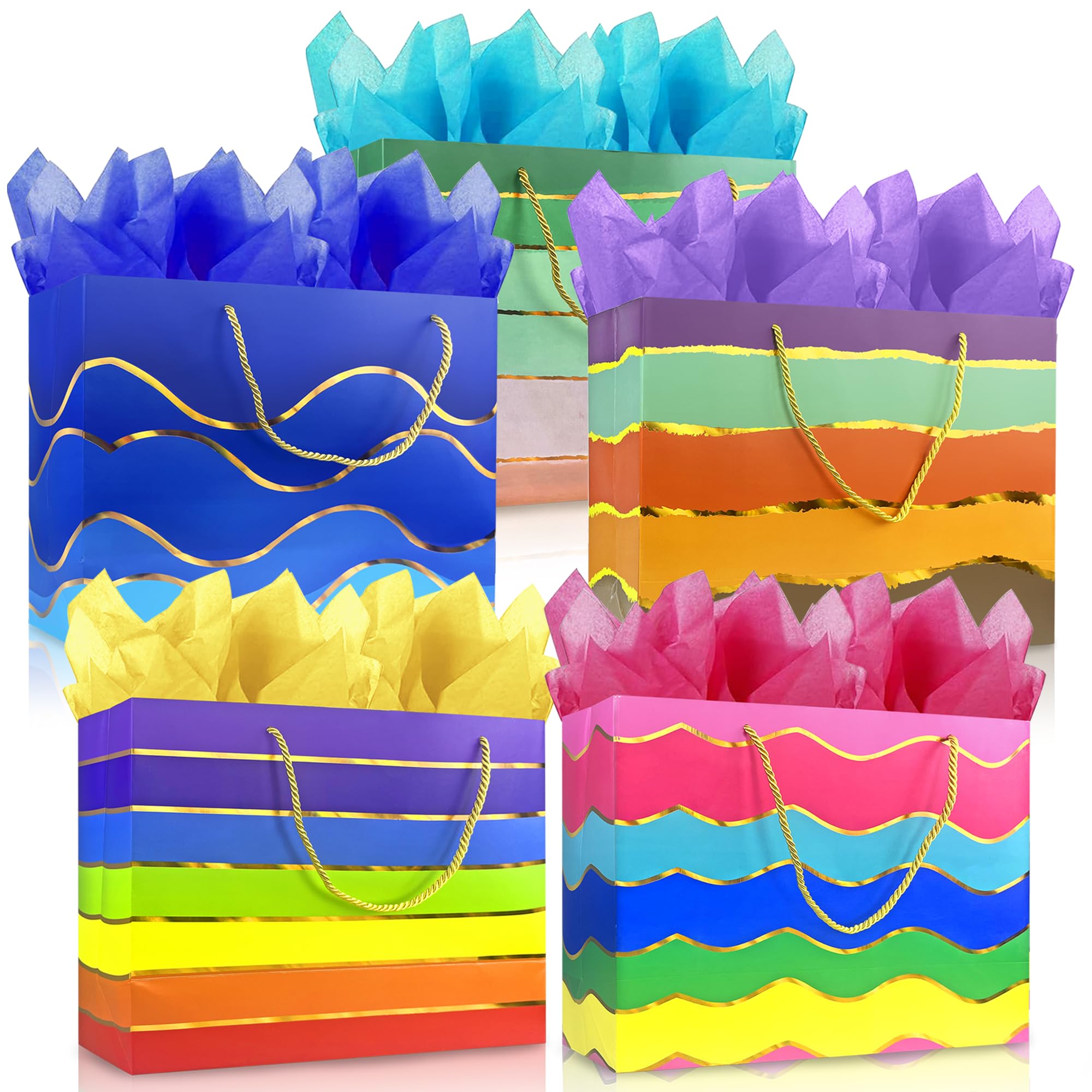 MUMULULU 5 Pack 16" Extra Large Gift Bags with Handle and Tissue Paper Birthday Gift Bags Rainbow Gift Bags for Birthday Party Baby Shower Wedding Holiday Presents