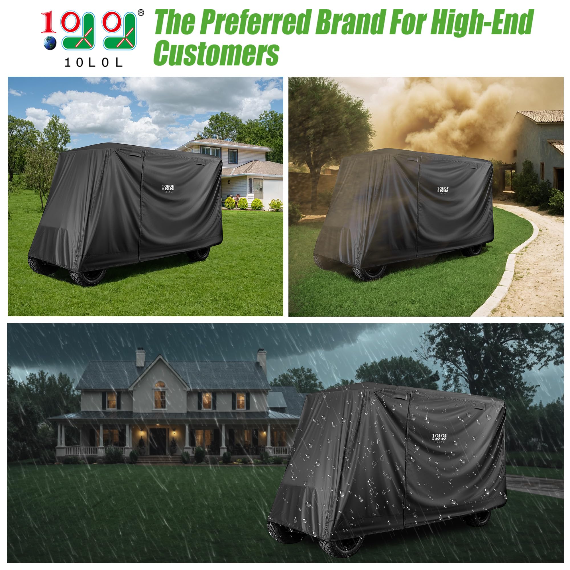 10L0L Wodoodporny pokrowiec na wózek golfowy dla 4+2 i 4-osobowych | tkanina Oxford 420D | uniwersalne dopasowanie Yamaha, EZGO, samochód klubowy, wiatroszczelny, z 3 zamkami błyskawicznymi