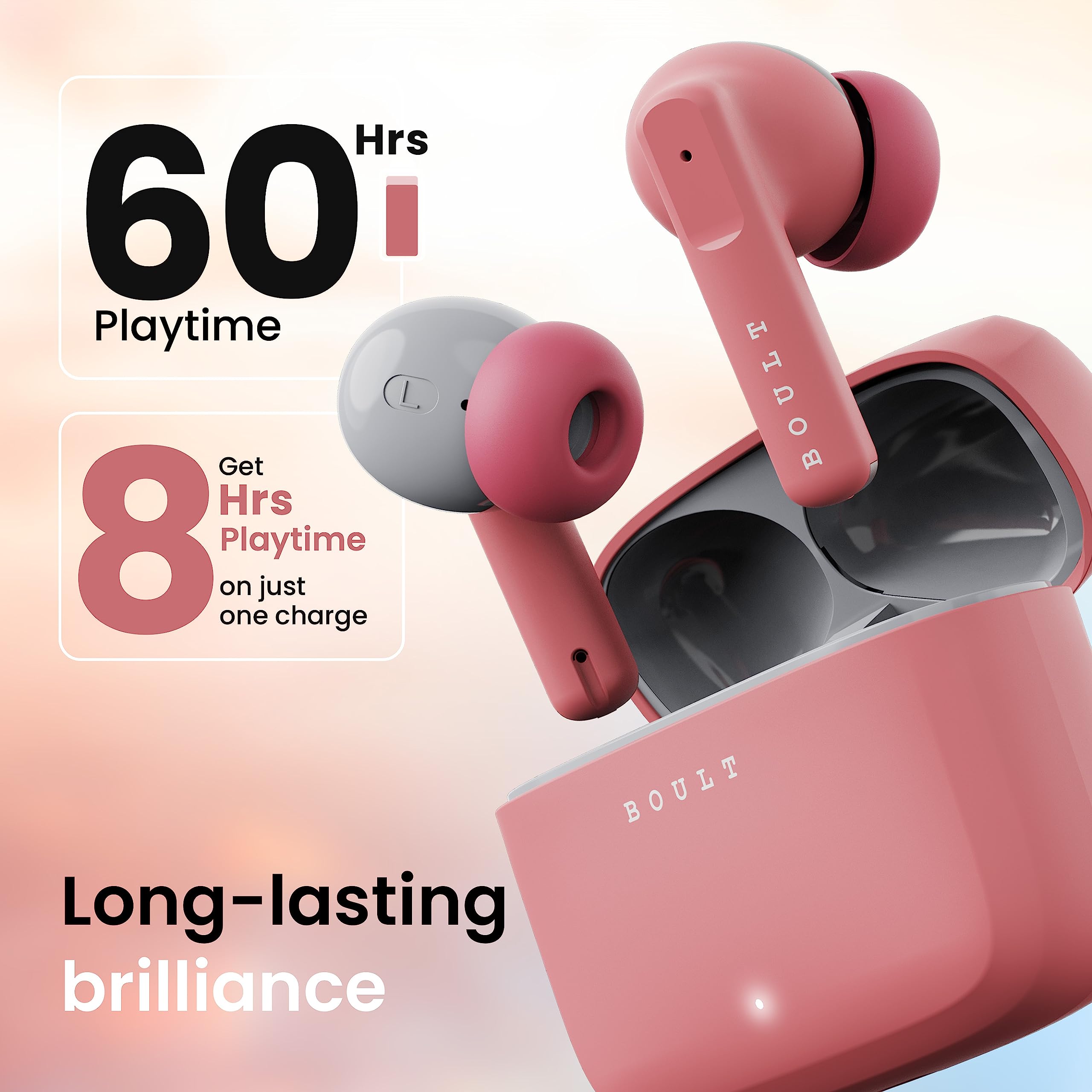Boult Z60 Truly Wireless in Ear Earbuds with 60H Playtime, Zen™ ENC Mic, 50ms Low Latency, 13mm Bass Drivers, Type-C Fast Charging, Made in India, BT V5.3, Touch Control, IPX5 ear buds (Flamingo Pink) 2