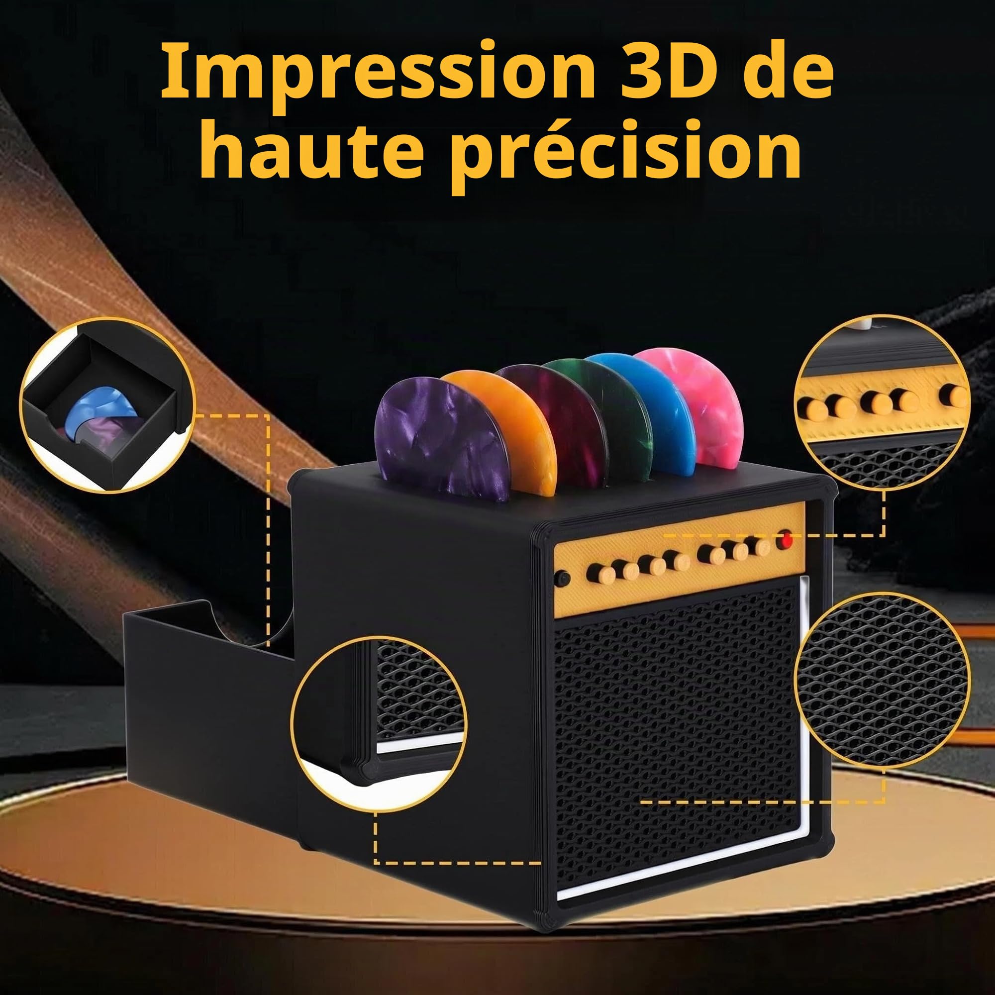 JYCSTE Boîte de rangement pour médiators, présentoir pour médiators, présentoir pour médiators en forme d'enceinte d'amplificateur avec 5 médiators en celluloïd