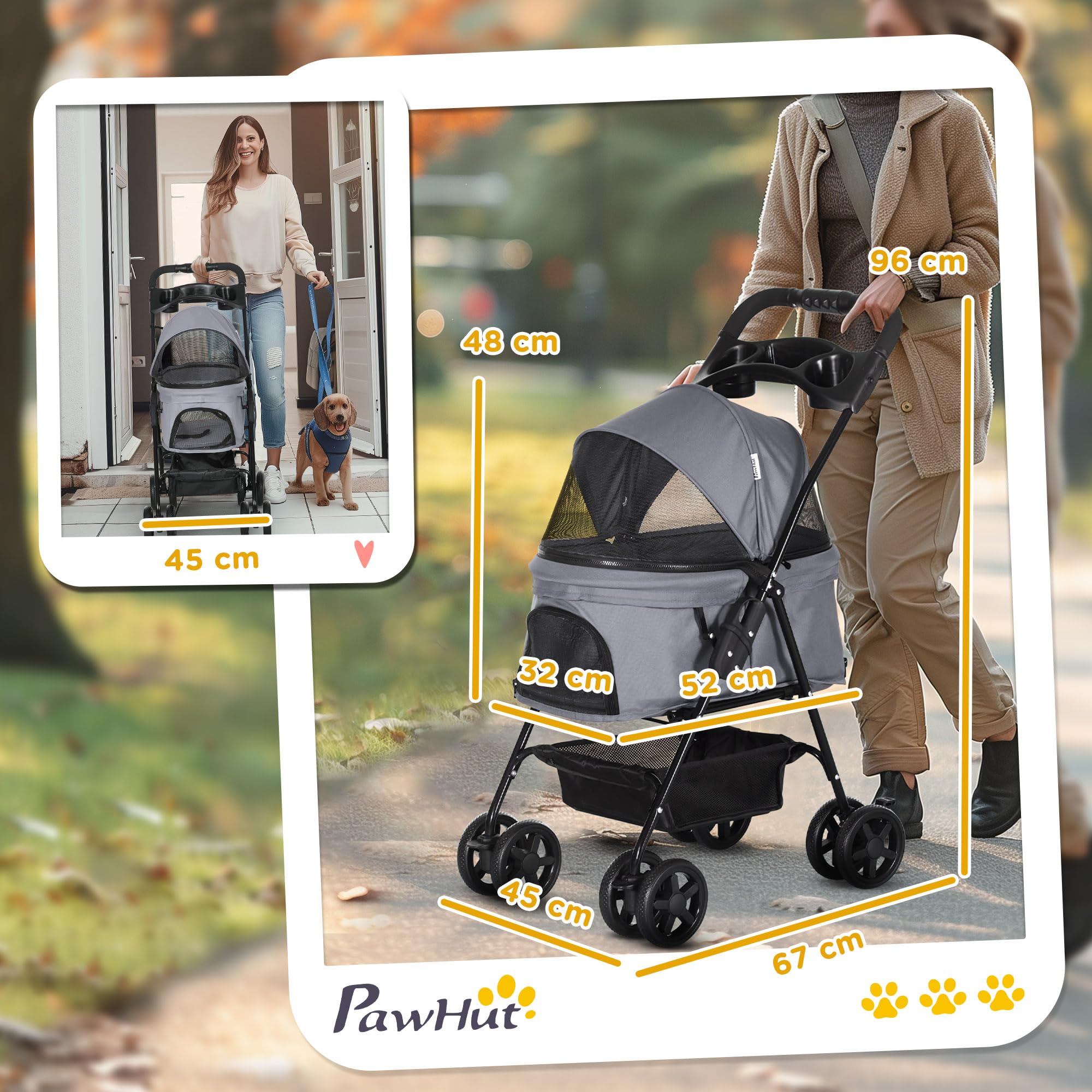 PawHut Passeggino per Cani Piccoli Pieghevole, Passeggino Leggero per Animali con Ruote Girevoli, Guinzaglio di Sicurezza e Cestino Portaoggetti, 67x45x96cm, Grigio