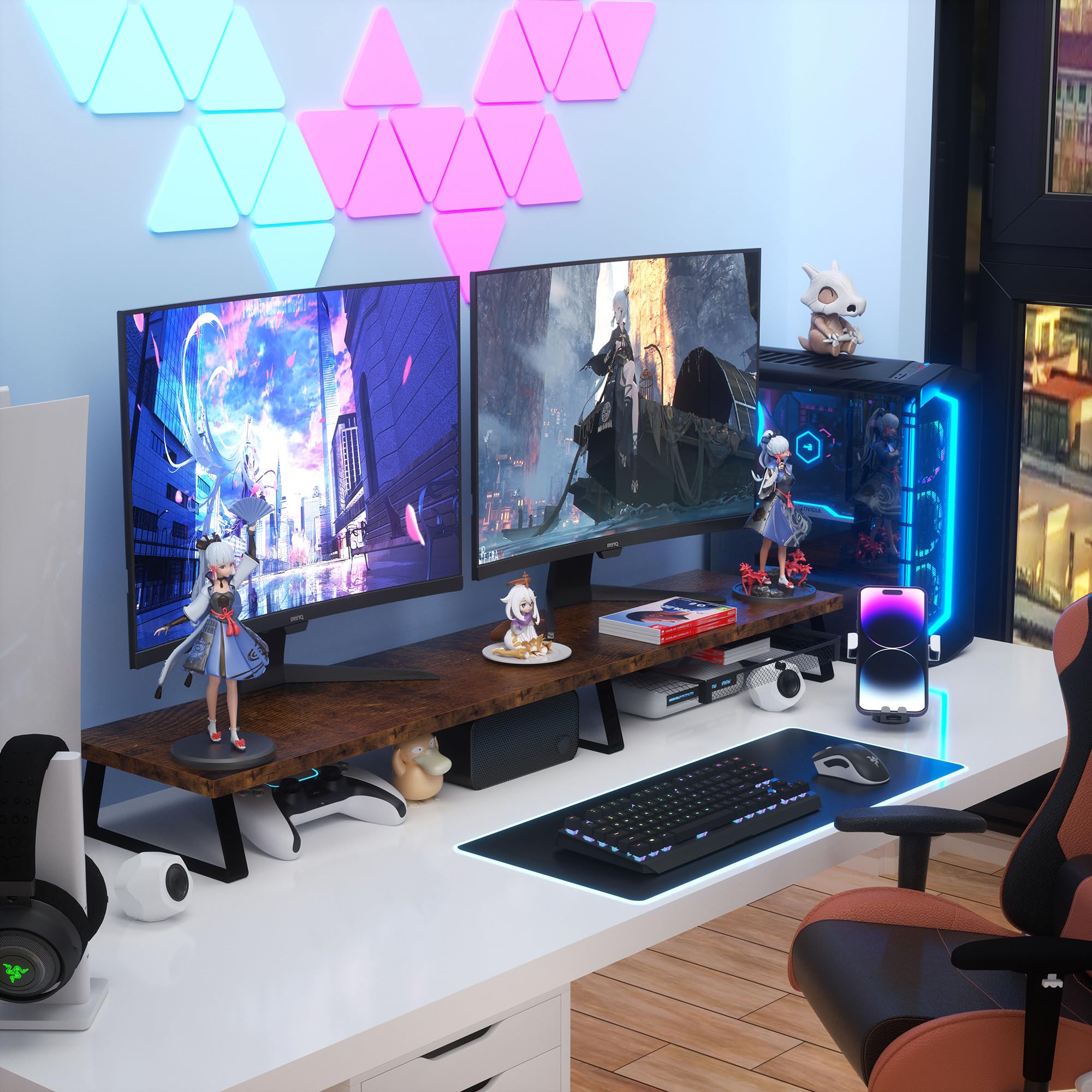 Aothia Supporto per monitor di grandi dimensioni con cassetto, supporto per doppio monitor in legno, ergonomico