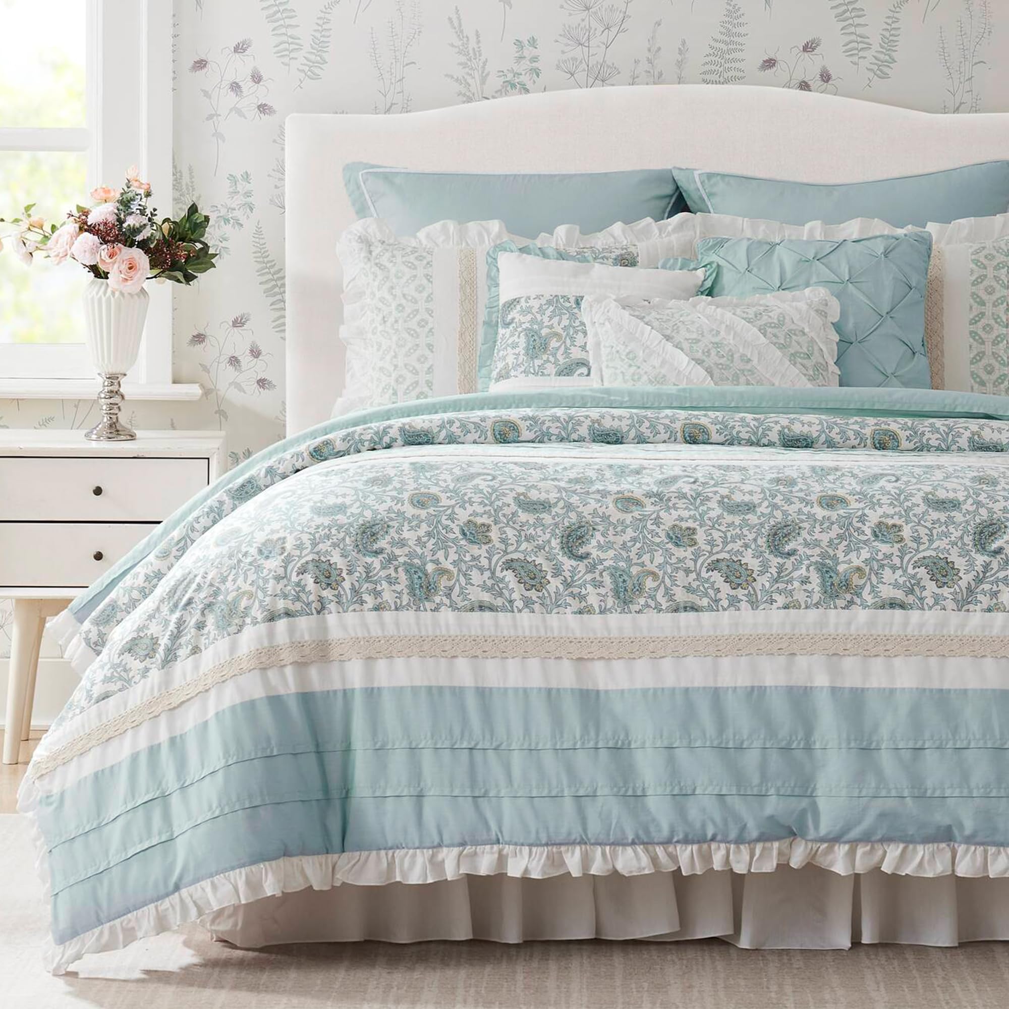 Madison Park Dawn 100% Cotton Shabby Chic Comforter Set-Modern Cottage Design All Season Down Alternative Bedding, Matching Shams, Bedskirt, Decorative Pillows, Queen(90"x90"), Blue 9 Piece, Aqua