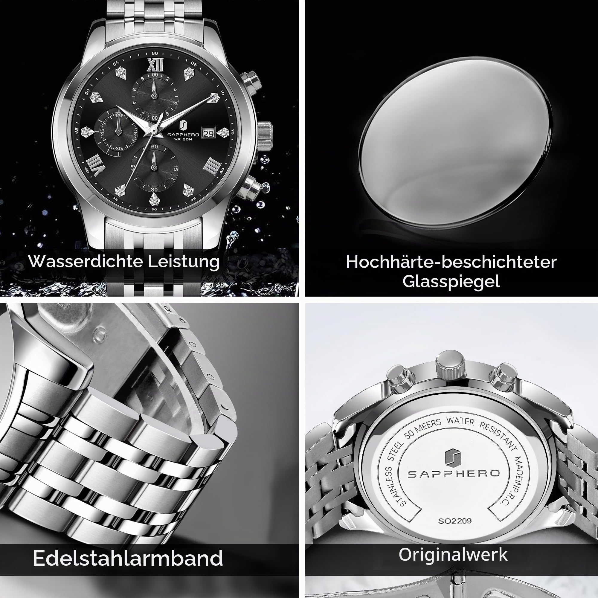SAPPHERO Uhren Herren herrenuhr Edelstahl 50M wasserdicht armbanduhren für Herren leuchtende stilvolle Geschenk Armbanduhr Datumsanzeige analogem Quarz armbanduhren