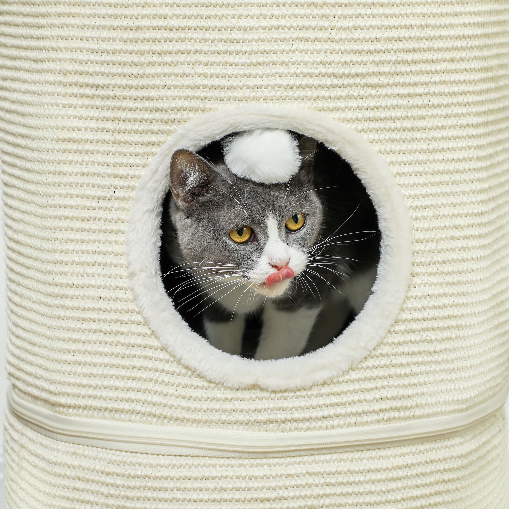 PawHut Kratztonne, 69 cm Hoch Katzentonne Teilbare Kratzbaum mit 2 Höhle, Spielball, Katzenturm, Katzenturm für Katzen bis 5 kg, Cremeweiß