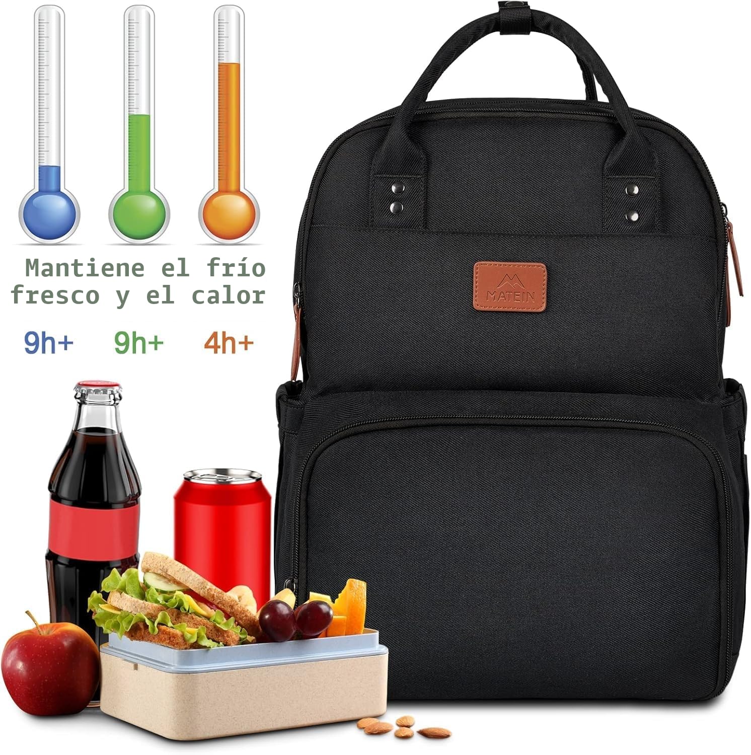 MATEIN Mochila de Picnic para Portatil de 15.6" con Compartimento Térmico para Almuerzo, Mochila Trabajo Mujer Impermeable, Lunch Backpack para Oficina, Camping y Viajes, Negro