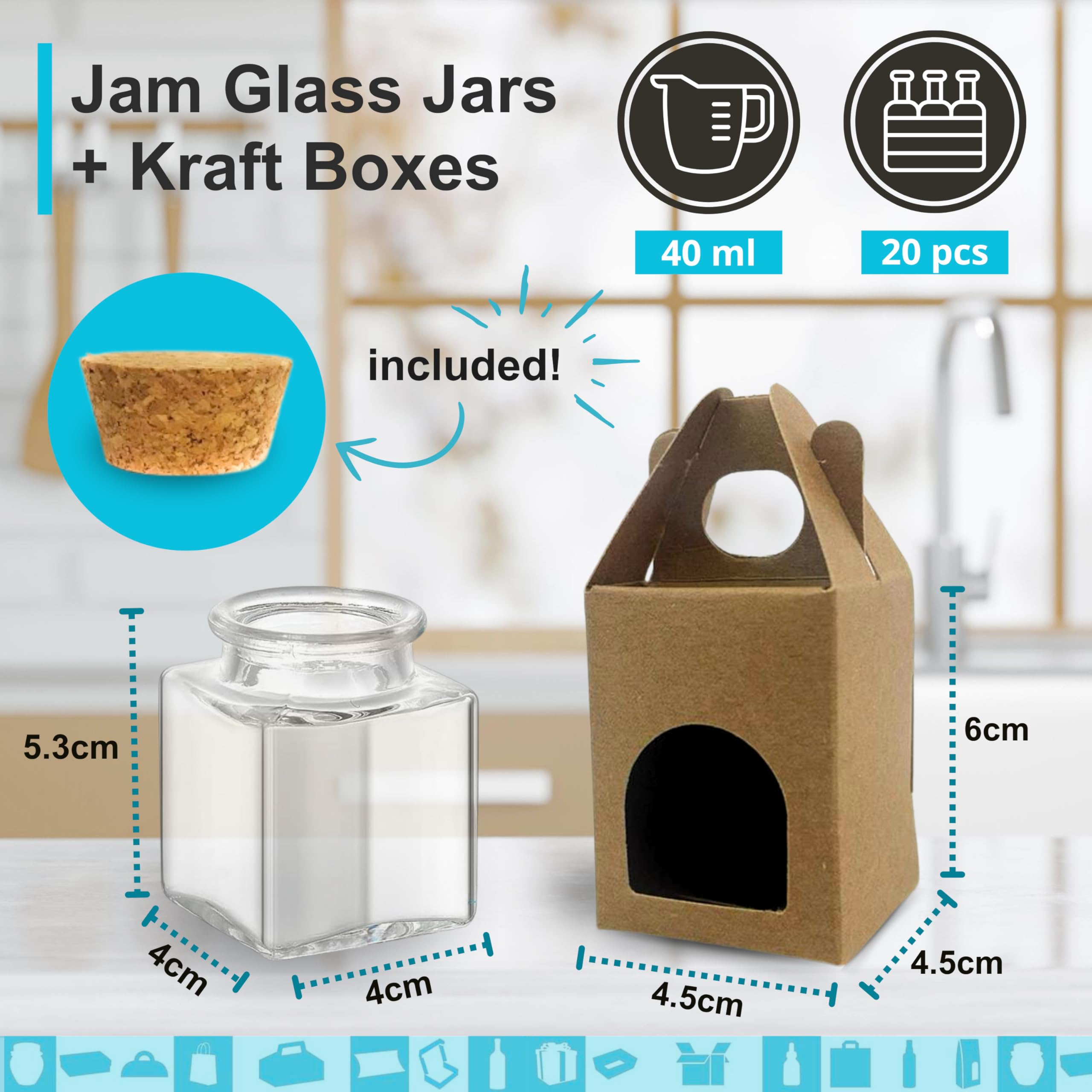 Espirito Rebelde 20 x Quadratisches Glas für Gewürze, 40 ml, mit Korkverschluss + 20 Kraftkartons + 20 Etiketten für Kraftpapier + Juteschnur, Vorratsgläser, Gewürze, Marmelade, Joghurt, 20 Stück