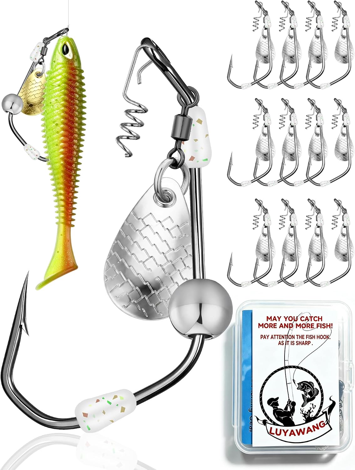 Underspin Lure Rig, Weedless Twist Lock Bass Hook, Stackable SS Sliding Sinker, EWG Weighted Worm Hooks for Largemouth Smallmouth Bass Fishing Fresh Saltwater Bass Lure Tackle