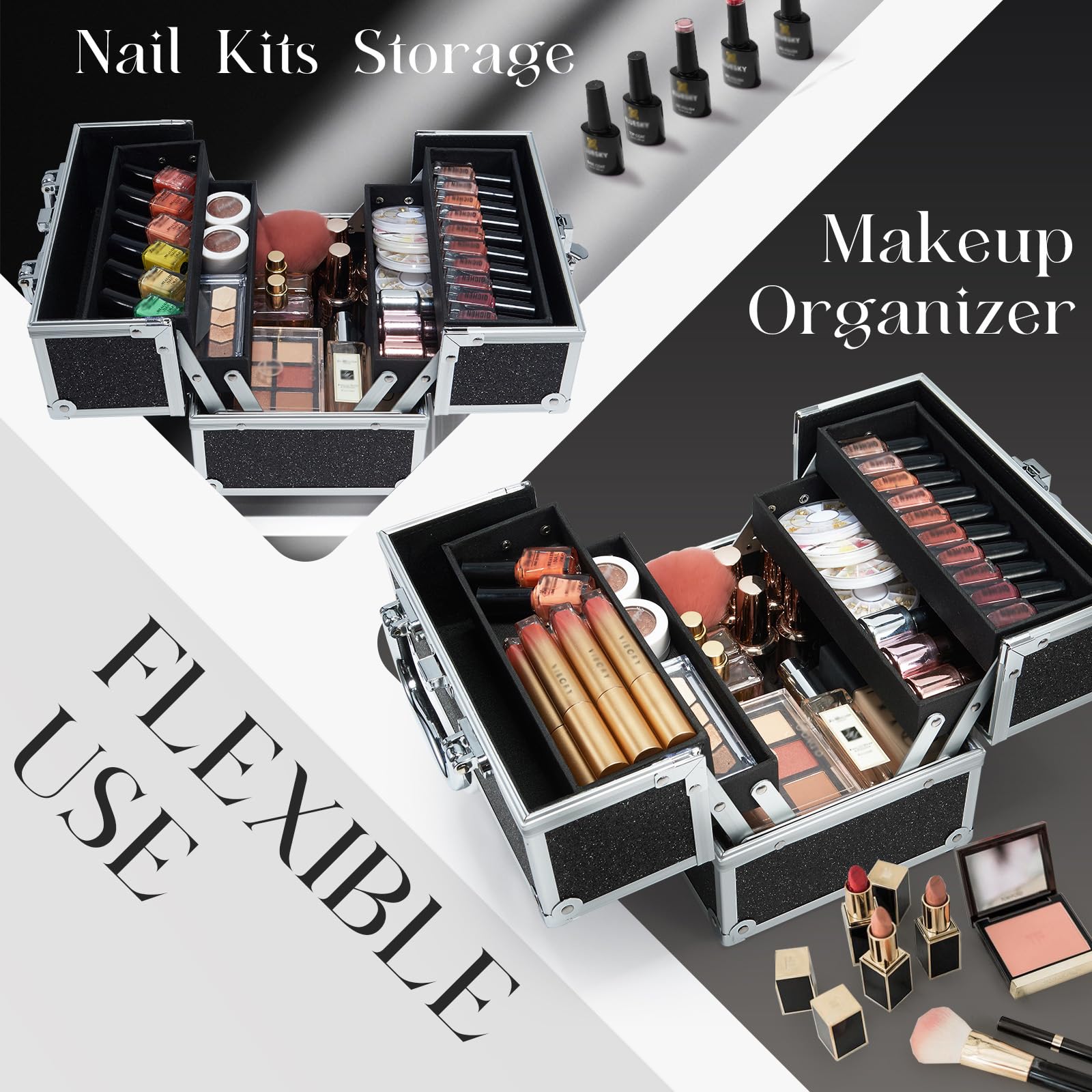 Valigetta Trucco Valigetta Cosmetici Vuota Beauty Case con serratura Valigetta Manicure Portagioielli Trousse Trucchi, Nero