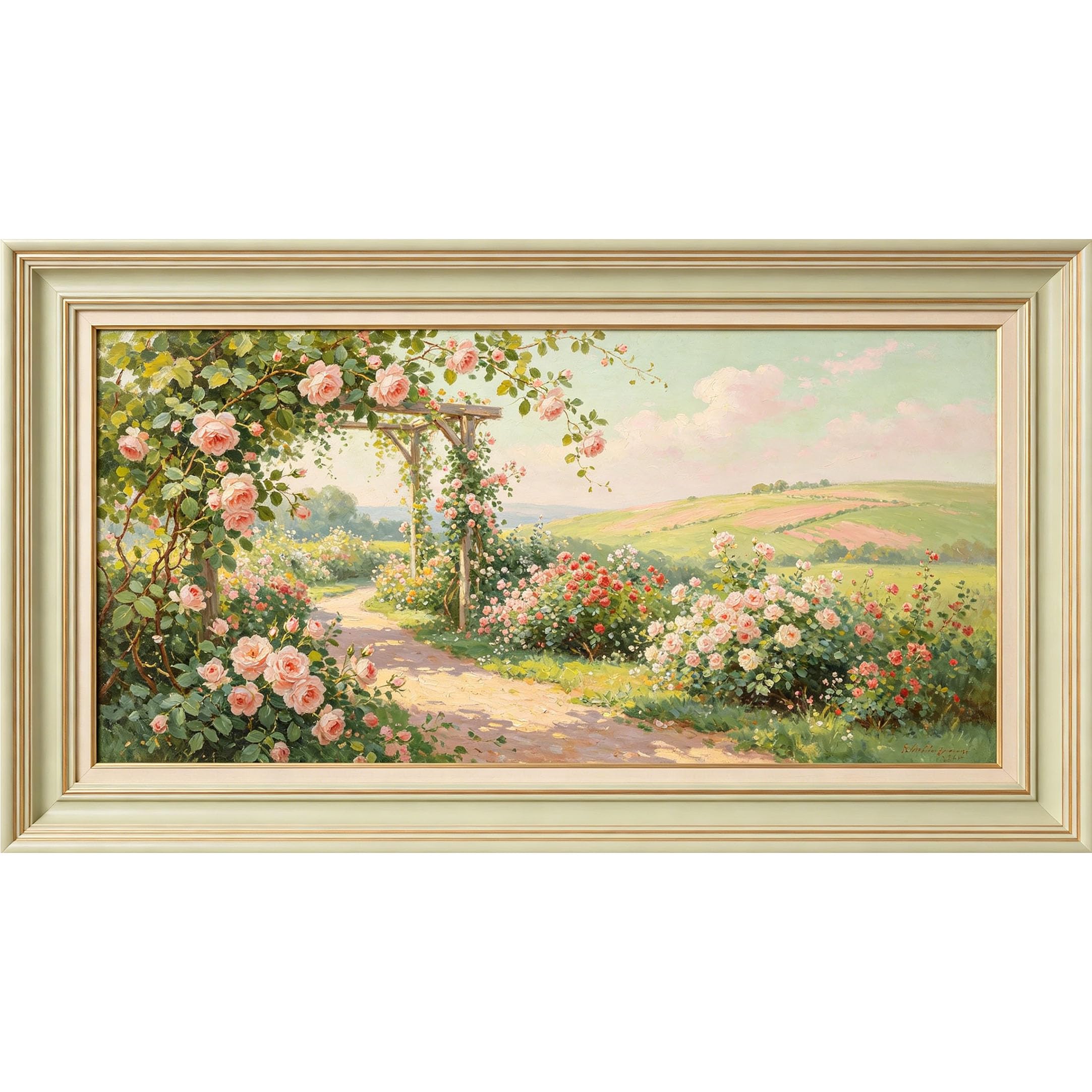 QZLITHOTIC 50x90cm3D Framed Wall Art， Botanical Rose Garden Path Landscape SelfAdhesive Mural， WaterActivated Peel & Stick Fabric Decor Wall Decal for Bedroom Living Room