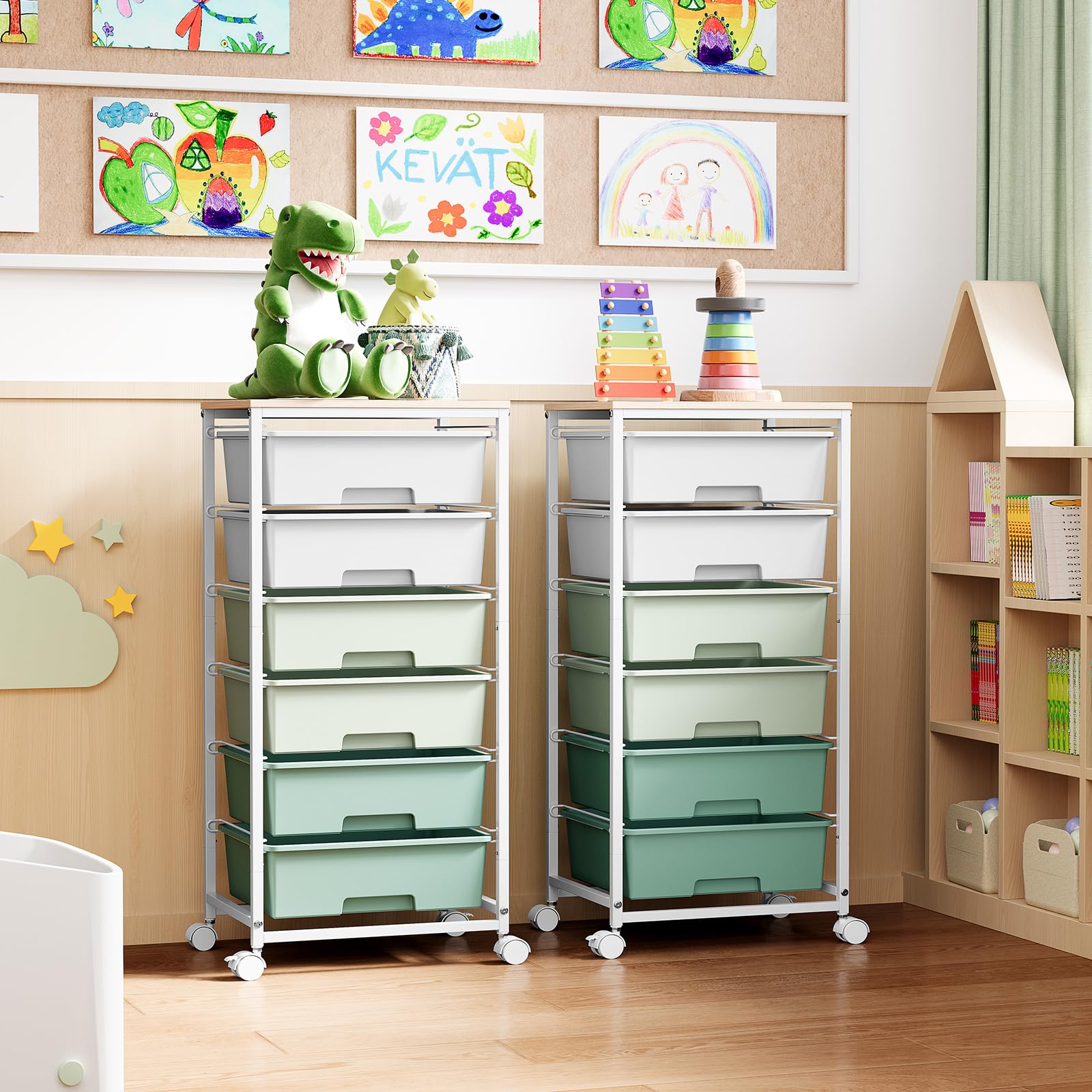 Rollwagen mit 6 Schubladen, Kunststoff, Rollwagen, Rollwagen auf Rädern mit Holztischplatte für Zuhause, Büro, Klassenzimmer, Make-up, Kunstbedarf, Aufbewahrungswagen, Schubladenwagen, Grün