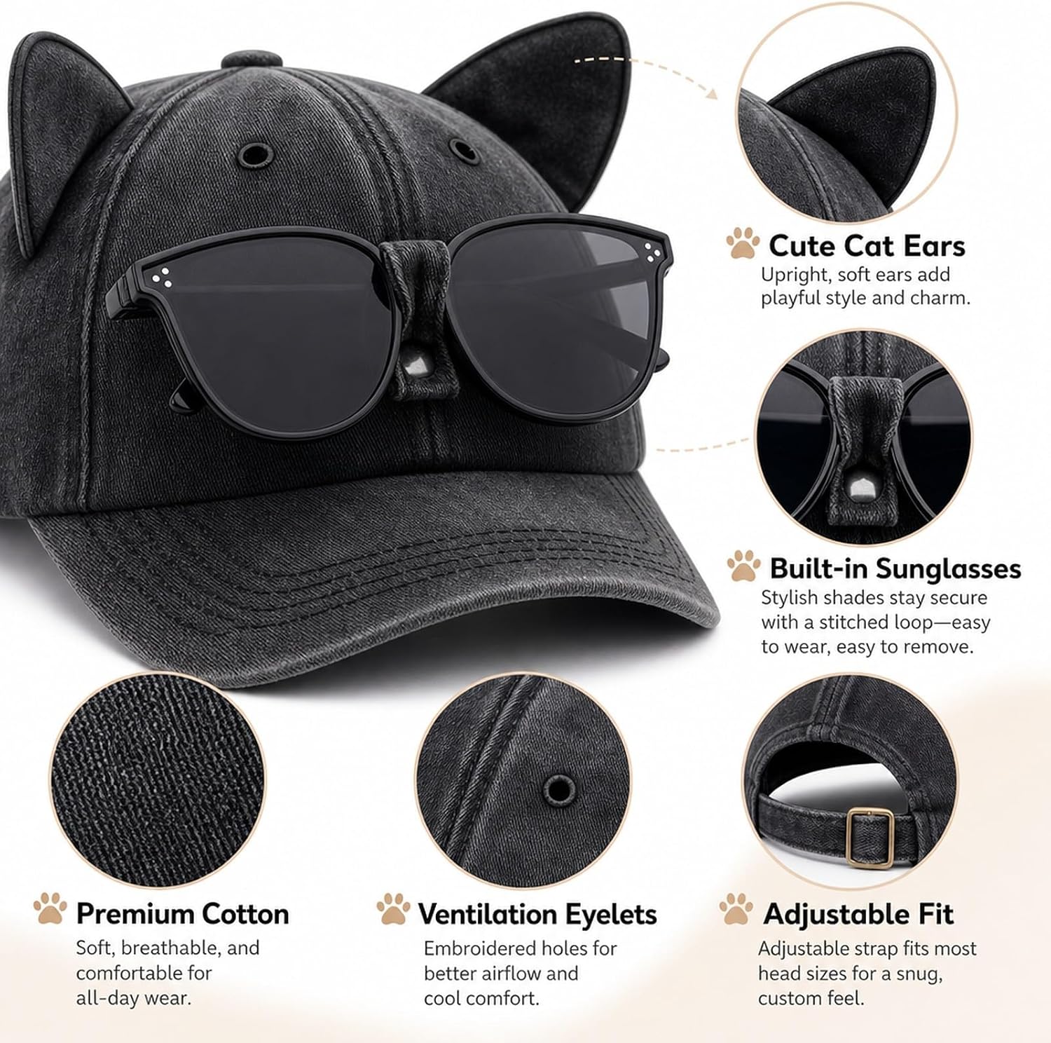 Cat Ear Hat, Black Baseball Cap with Removable Sunglasses, Woman Breathable Cycling Cap image 4