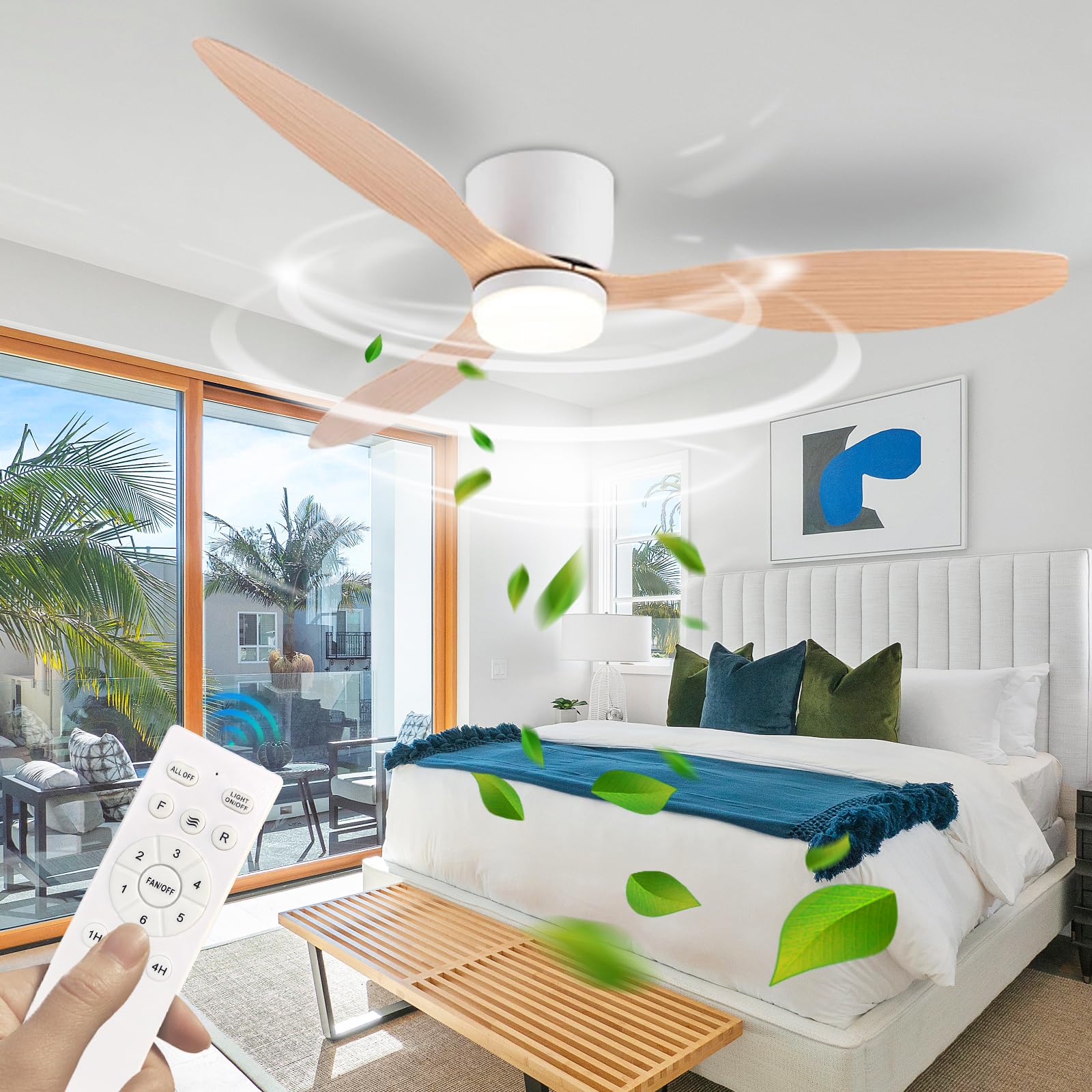 CAUNMAR Ceiling Fans with Lights 52" 3 Fan Blades, Fan Ceiling Light 3 Colour 6 Speed with Timer, Silent Ceiling Fan with Led Light Reversible DC Motors Winter/Summer for Living Room Bedroom-Wooden