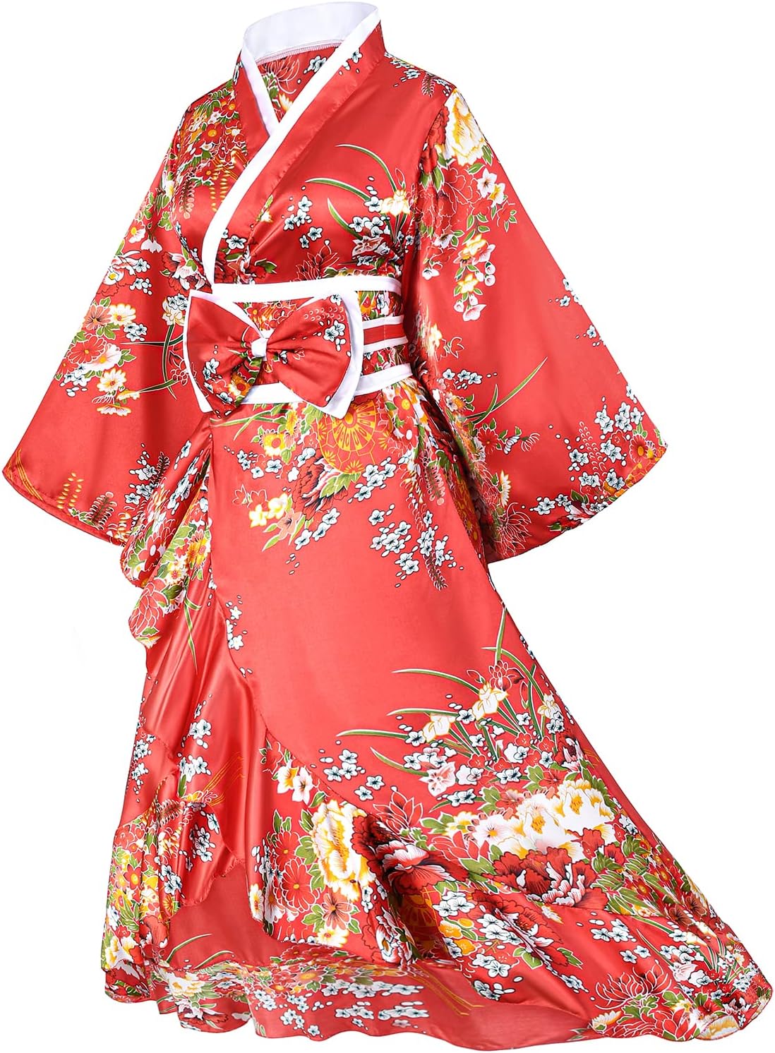 Women's Kimono Robe Geisha Yukata Sweet Tuxedo Ruffle Dress Blossom Satin Bathrobe Sleepwear Fans Tabi Socks Set