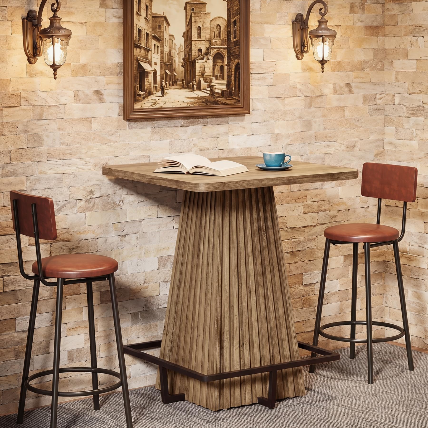 Tribesigns Bartisch, 80 x 80 x 95 cm, Quadratisch Hochtisch mit Metall-Fußstütze, Rustikales Braun Esstisch, Kneipentisch für Zuhause, Küche, Esszimmer, Bistro