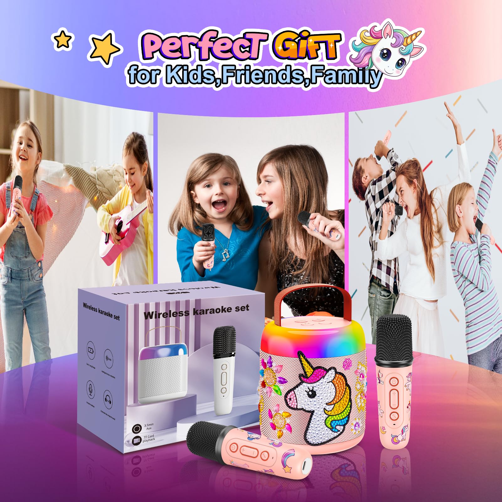 Microfono Bluetooth Karaoke bambino 3-12 Anni Giochi Regali Unicorno