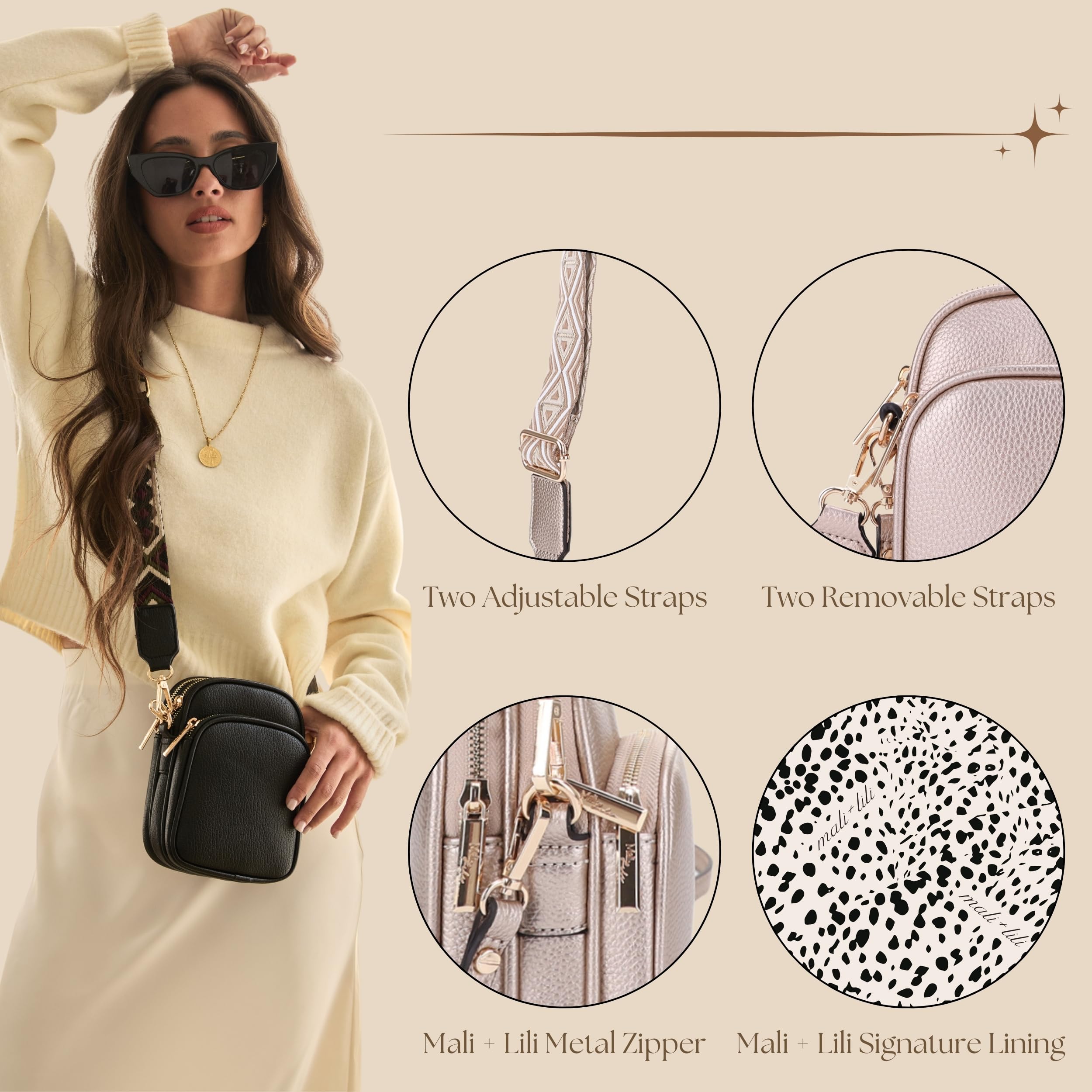 Mali+Lili Small Crossbody Bag for Women, Triple Compartment Shoulder Bag with Double Strap