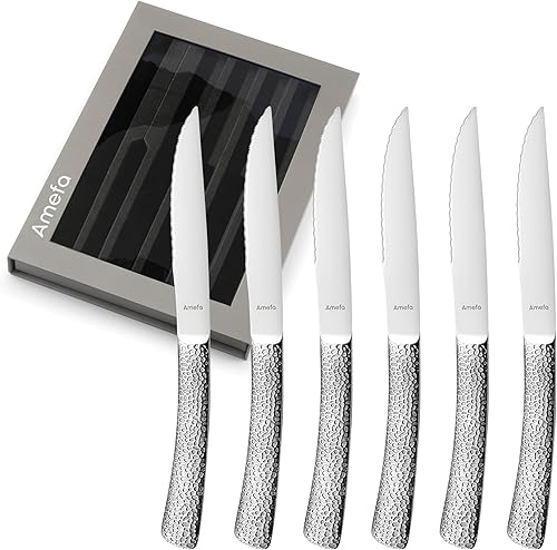 Amefa Bongo - Juego de 6 cuchillos para carne, acero inoxidable endurecido de alta calidad, diseño de mango ergonómico martillado, borde micro