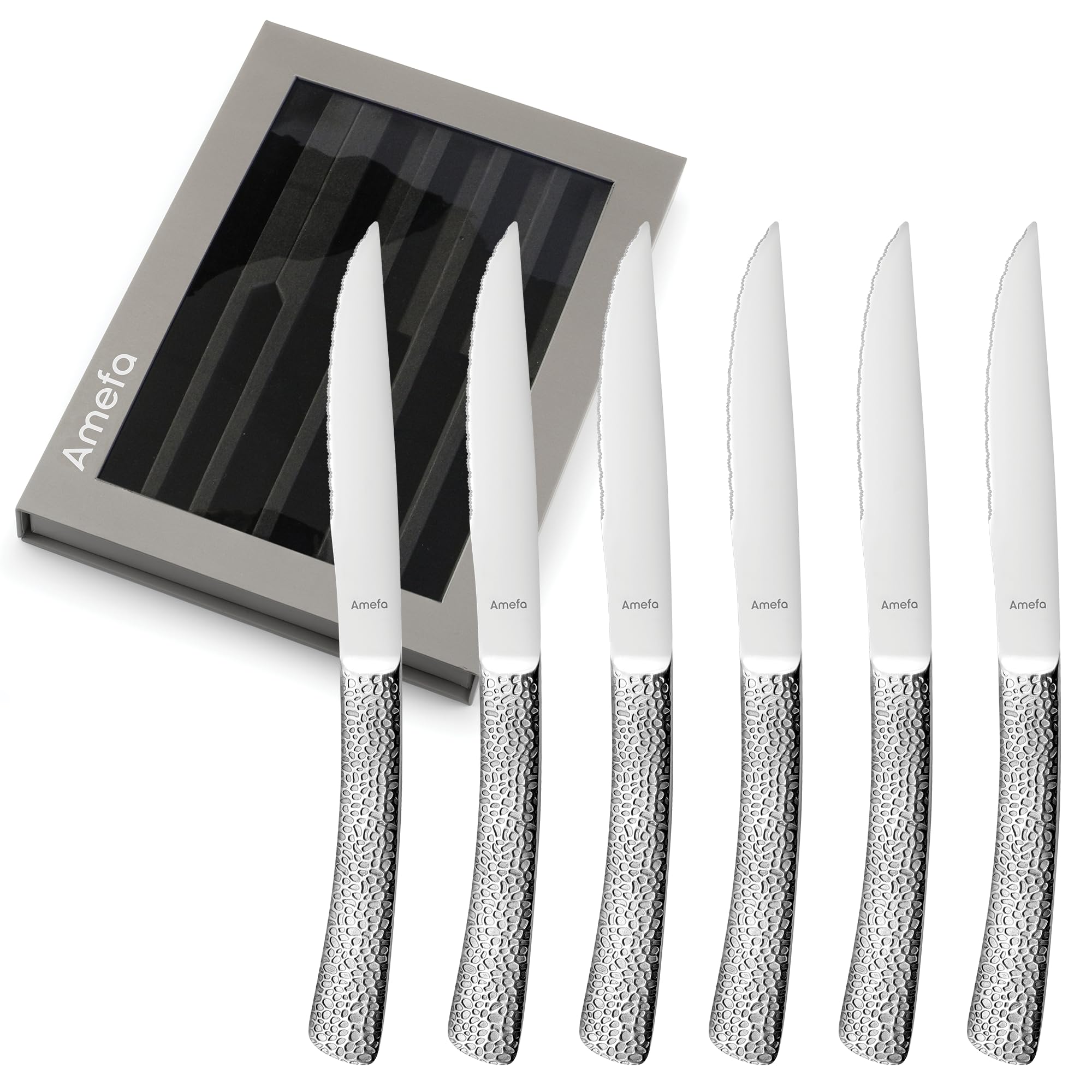 Amefa Bongo Steak Knives, Set of 6, Premium Hardened Stainless Steel, Hammered Ergonomic Handle Design, Micro Serrated Edge 4 Inch Blade Steak Knife