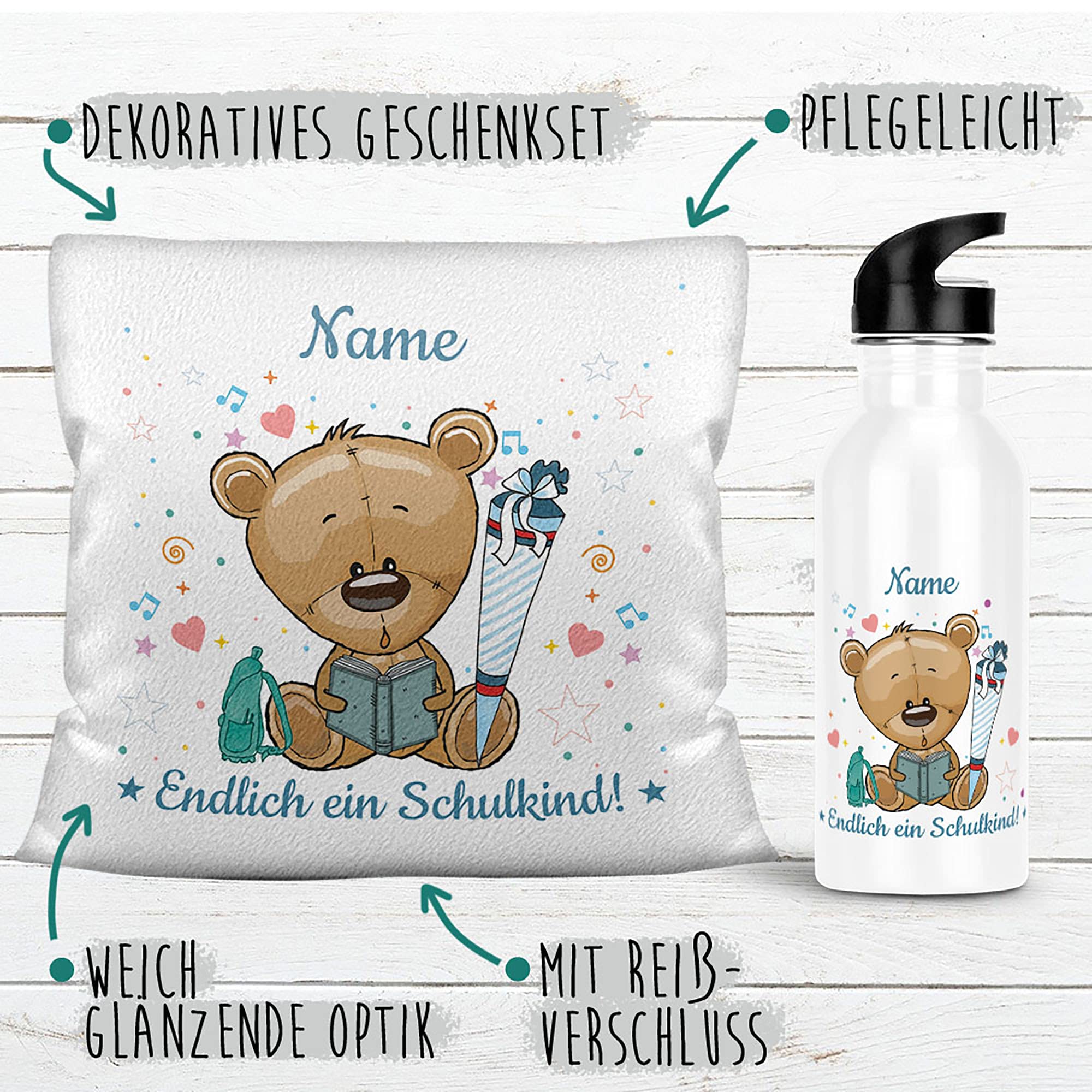Geschenk-Set aus Trinkflasche und Kissen - Endlich ein Schulkind - Zur Einschulung für Jungs - mit Wunschname personalisieren - Einschulungsgeschenk - Kissen weiß, Flauschig - Flasche weiß, 600 ml