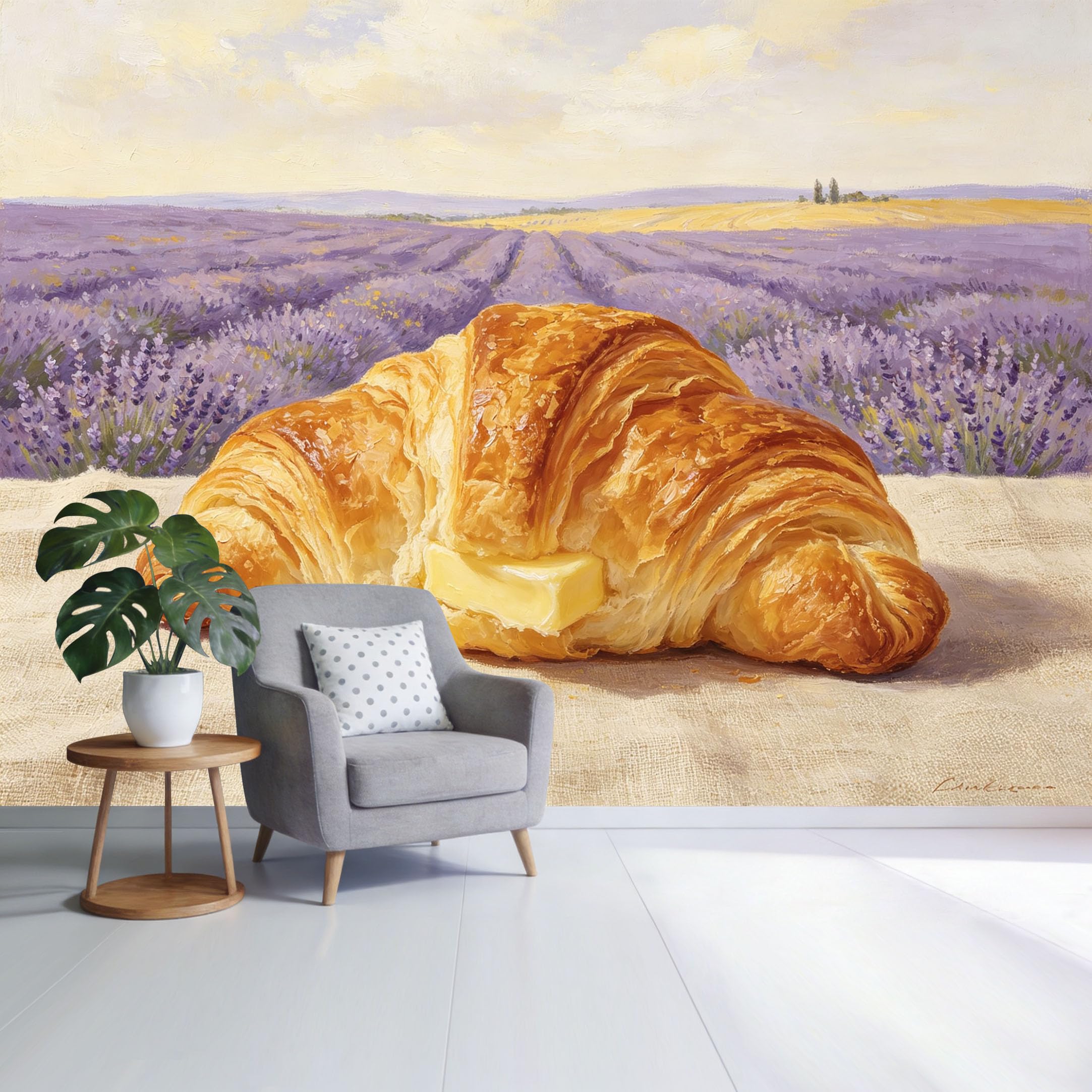 Custom Size Wall Mural Lavender Field Landscape Croissant Butter Still Life Oil Painting Style SelfAdhesive Wall Fabric Removable Wallpaper for Home Office Decor