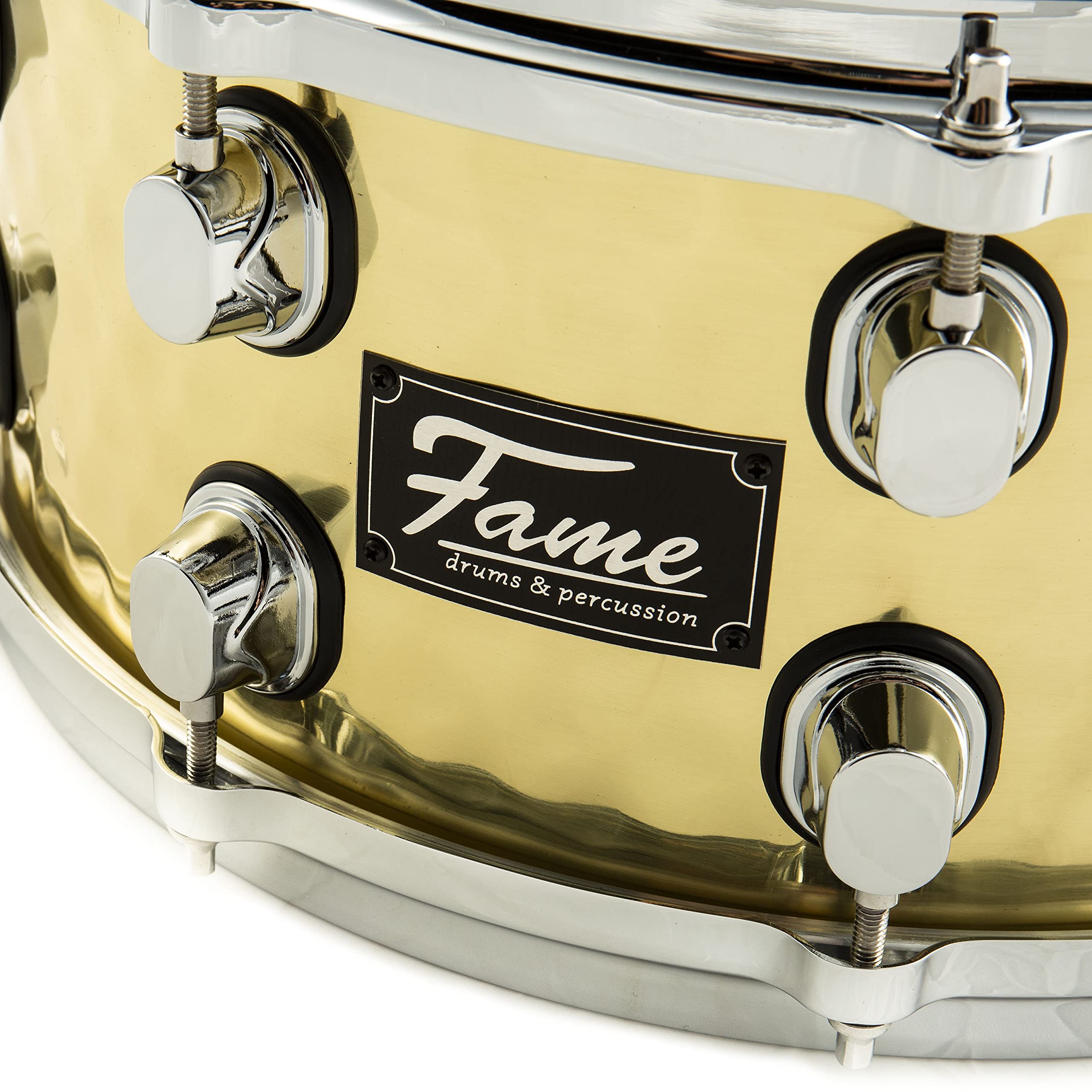Fame FSB-65 Hammered Brass Snare Drum, 14"x6.5", Professionelle Qualität, Gehämmerter Messing Kessel, 10 Stimmschrauben, Gußspannreifen, Inklusive Drum Sticks, Gold"