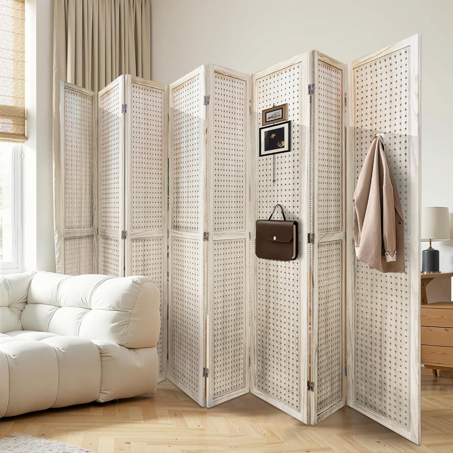 8 Panel Room Divider with Pegboard Display 5.6FT Wood PegBoard Room Dividers, Folding Privacy Screens Portable Freestanding Partition Wall Divider for Art Shows & Room Separation, Natural Wood Natural Wood-pegboard Display 8 Panel