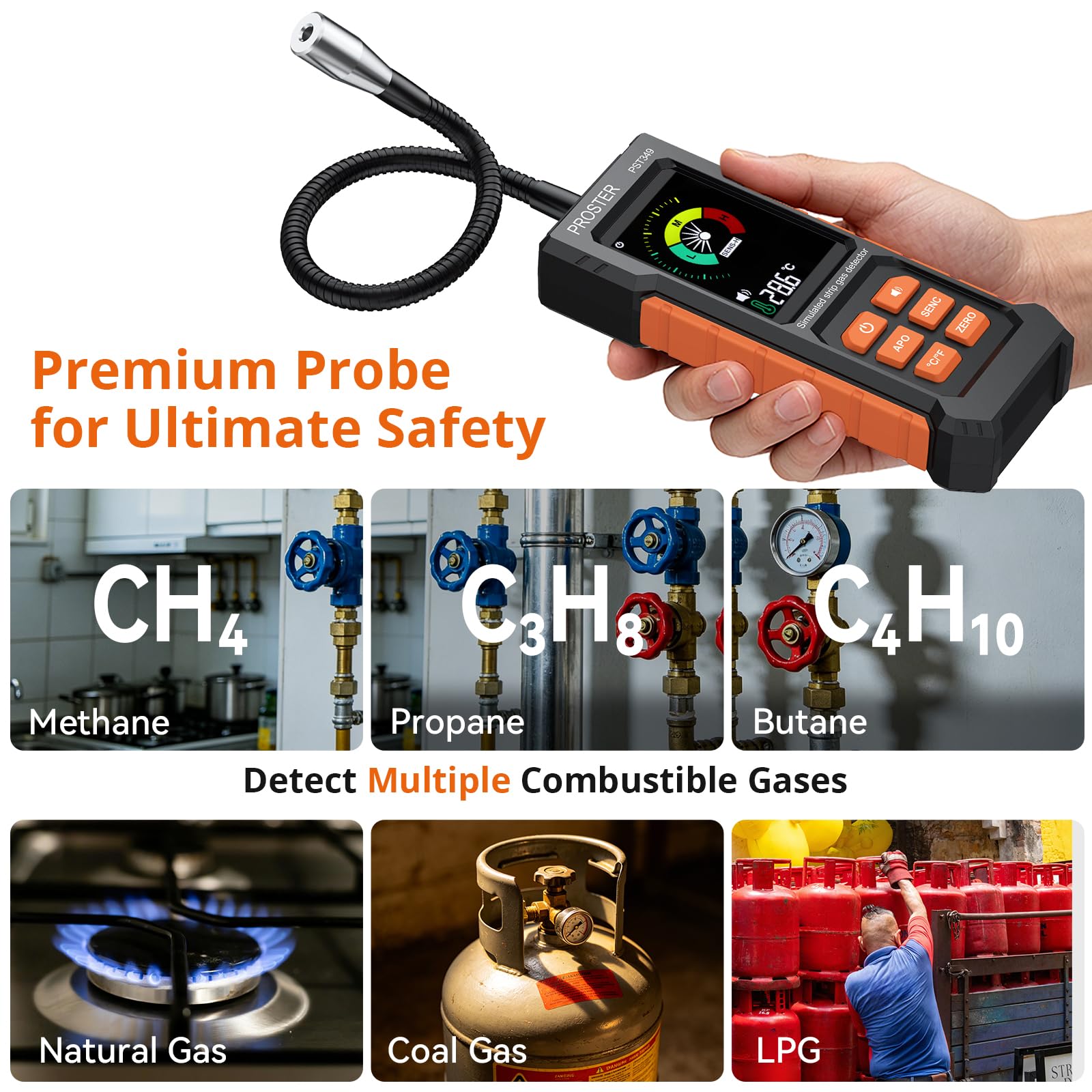 Proster Gasdetektor Gasmelder Gasleckdetektor Gaswarngerät Erdgasdetektor - Hochpräzises Messgerät mit Auto-Kalibrierung, 27 cm Flexible Sonde, Schneller Alarm für Zuhause Wohnmobil Küche Propan