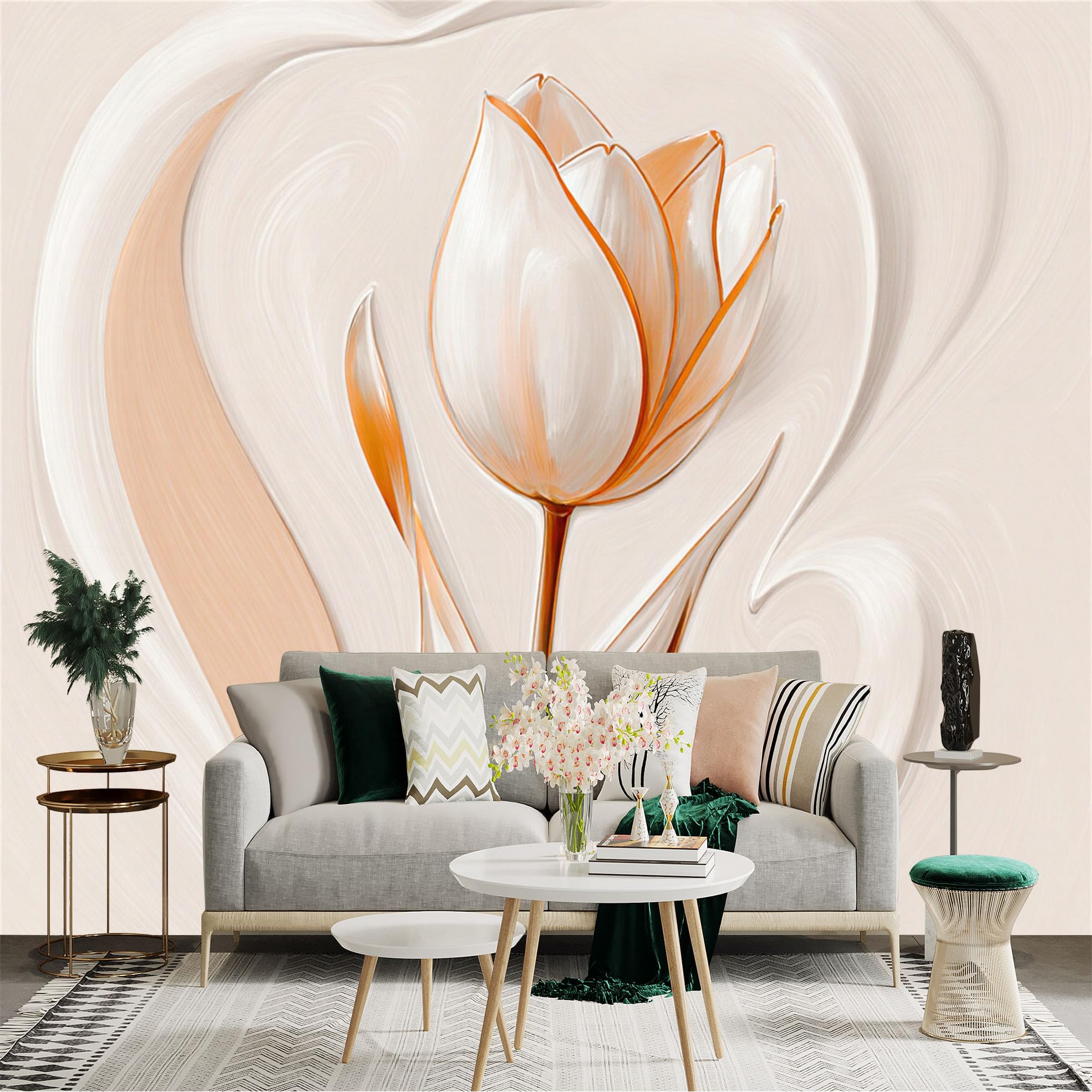 Custom Size Wall Sticker Mural， Elegant White Tulip， Soft Abstract Cream Background， Minimalist Floral Art， Modern Home Decor， for wall Decoration， peelandstick wall Decals.