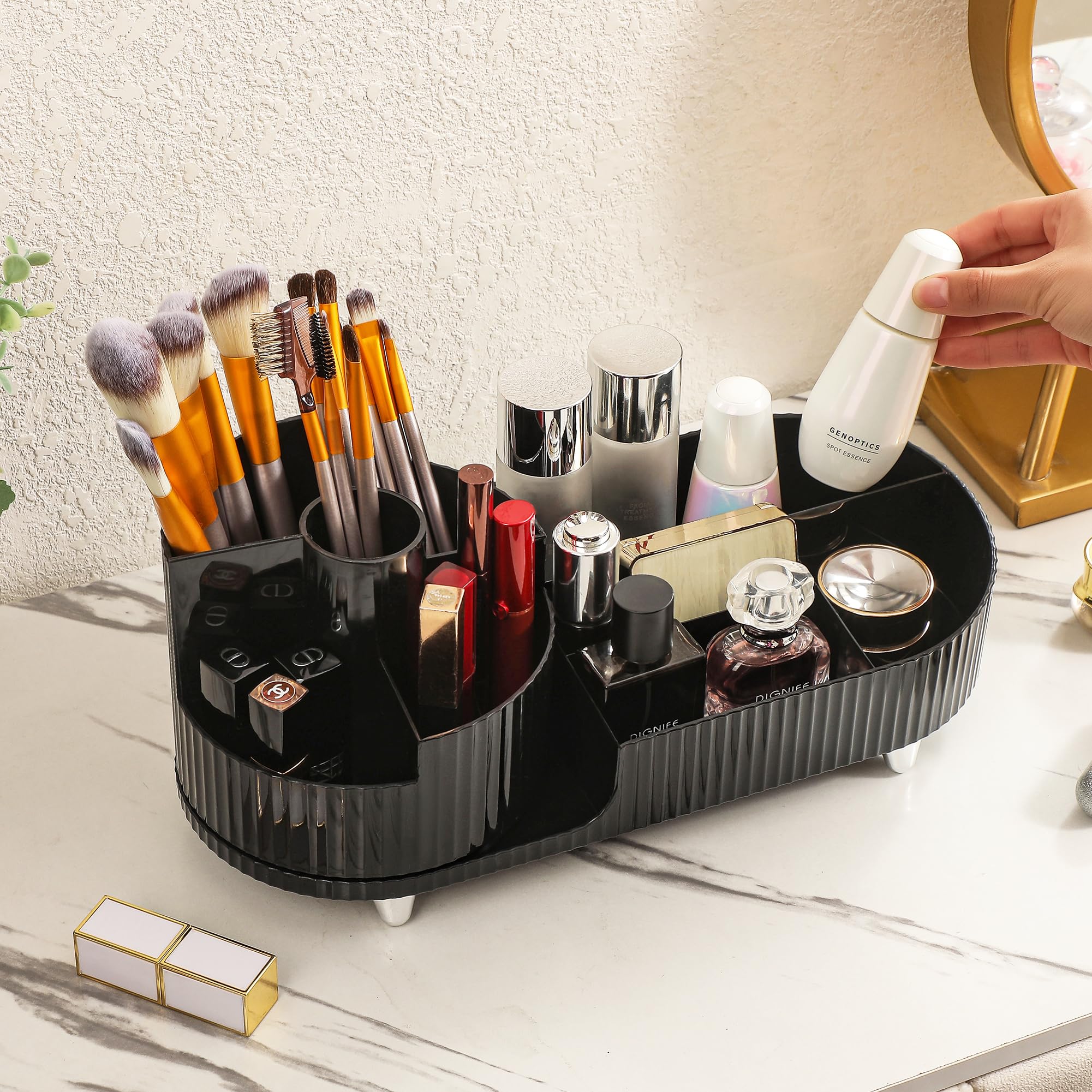 Aveniee Rotating Makeup Organizer, Skin Care Perfume Brush Holder, Make Up Vanity Organizer Countertop, Large Capacity Cosmetic Storage for Bedroom Dresser, Bathroom Counter(Black)