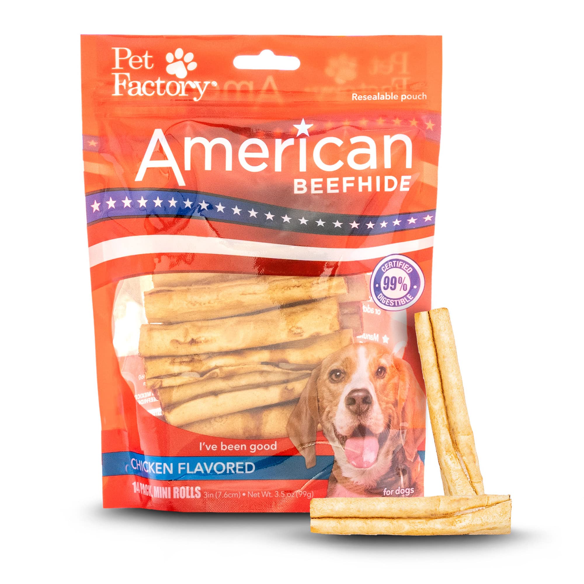 Pet Factory American Beefhide 3-3.5" Mini Rolls Dog Chew Treats - Chicken Flavor, 14 Count/1 Pack