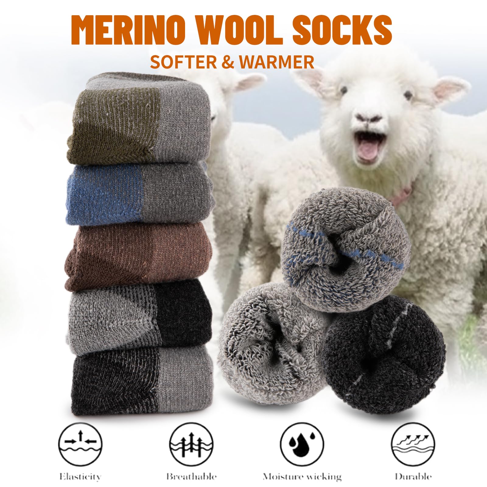 COOVAN Calcetines de lana merino para hombre, térmicos, cálidos, para invierno, suaves, acogedores, para clima frío, trabajo, senderismo, 5 pares