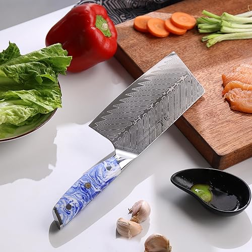 Miniatura 7 de SHANGDAO Cuchillo de chef chino de 7 pulgadas, cuchillo de cocina profesional para verduras, acero de damasco forjado con mango de resina azul y