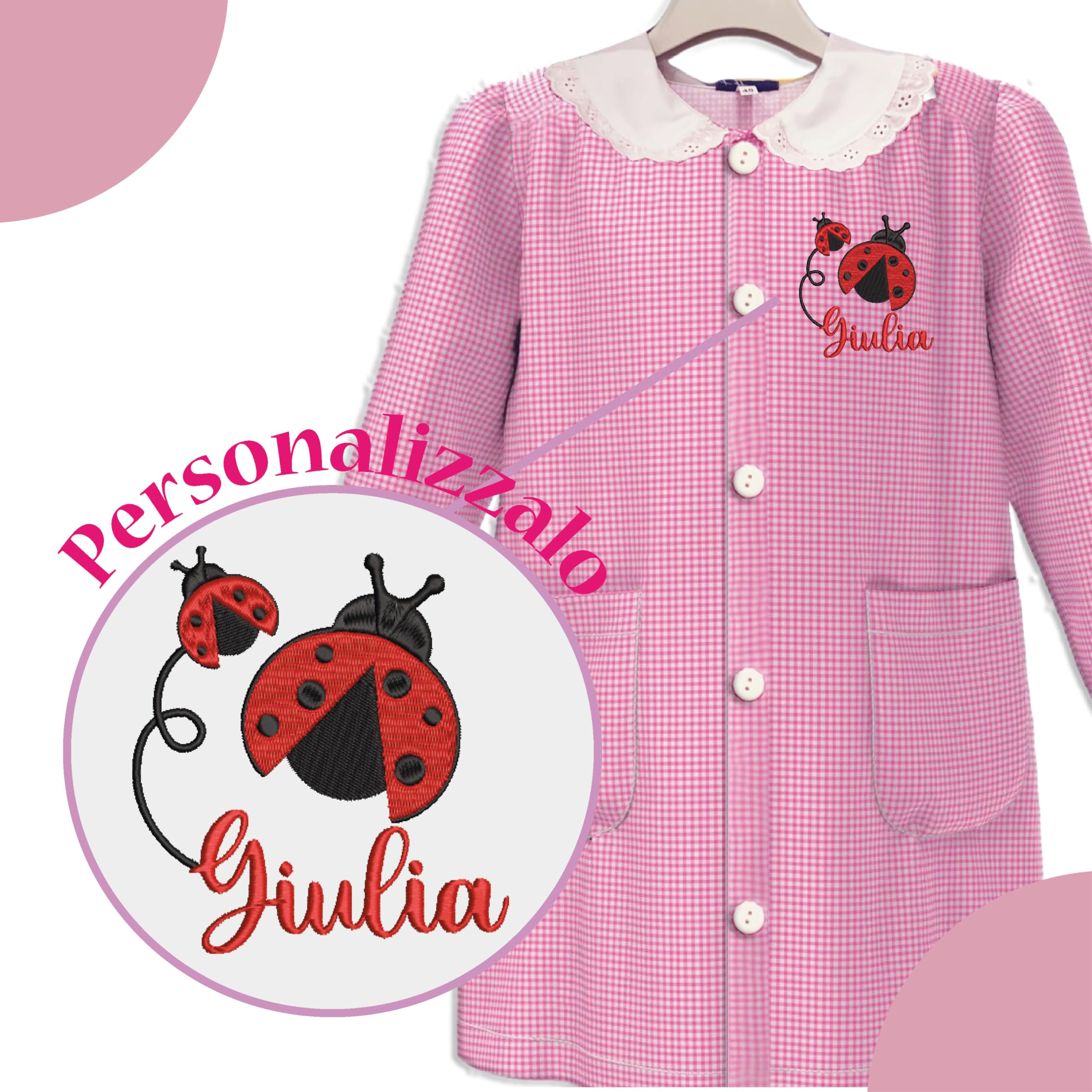 D&Vlab Grembiule Scuola Materna Asilo Infanzia Bimba Bambina a quadretti Rosa con Bottoni Personalizzato con nome Ricamato e Ricamo Coccinella, Made in Italy, 3 4 5 6 7 Anni