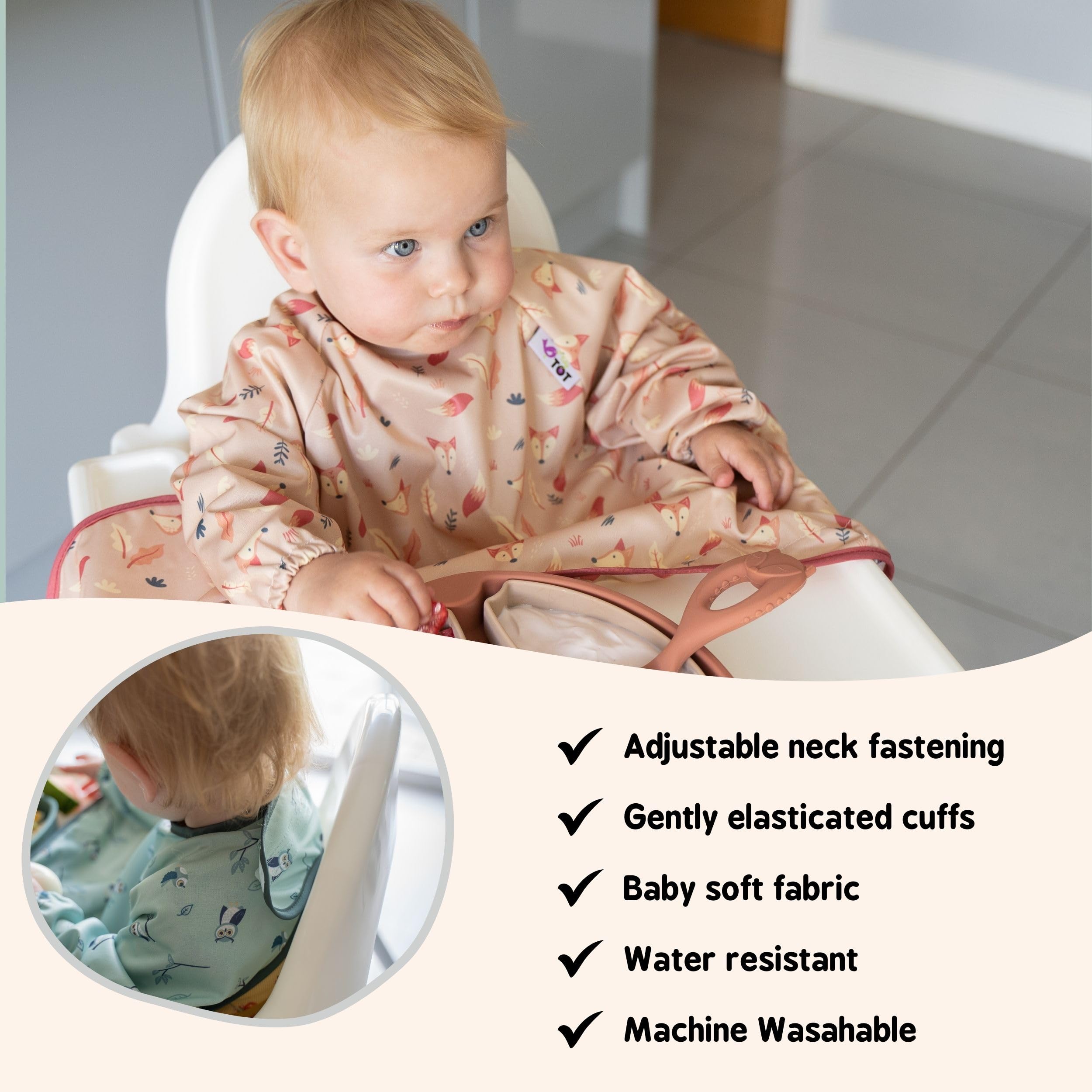 Tidy Tot®™ Cover & Catch™ Weaning Bib with Sleeves. Attaches to Highchairs with Suction for Mess Proof Baby Feeding. Waterproof Long Sleeved Bibs. Coverall BLW Bibs - Image 4