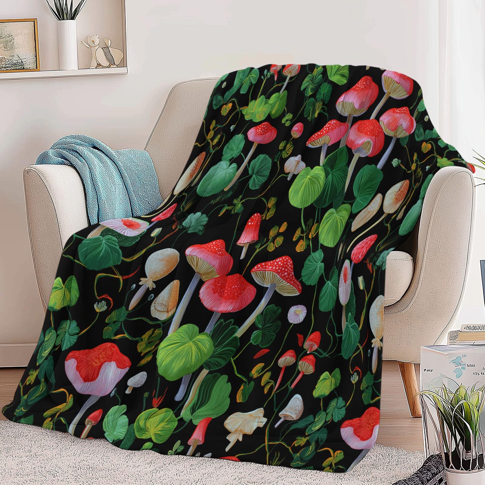Generico Koc w kratę z polaru rośliny grzybów akwarelowy 180 x 220 cm przytulny gruby ciepły koc flanelowy miękki koc polarowy do łóżka kanapy krzesło, wszystkie pory roku