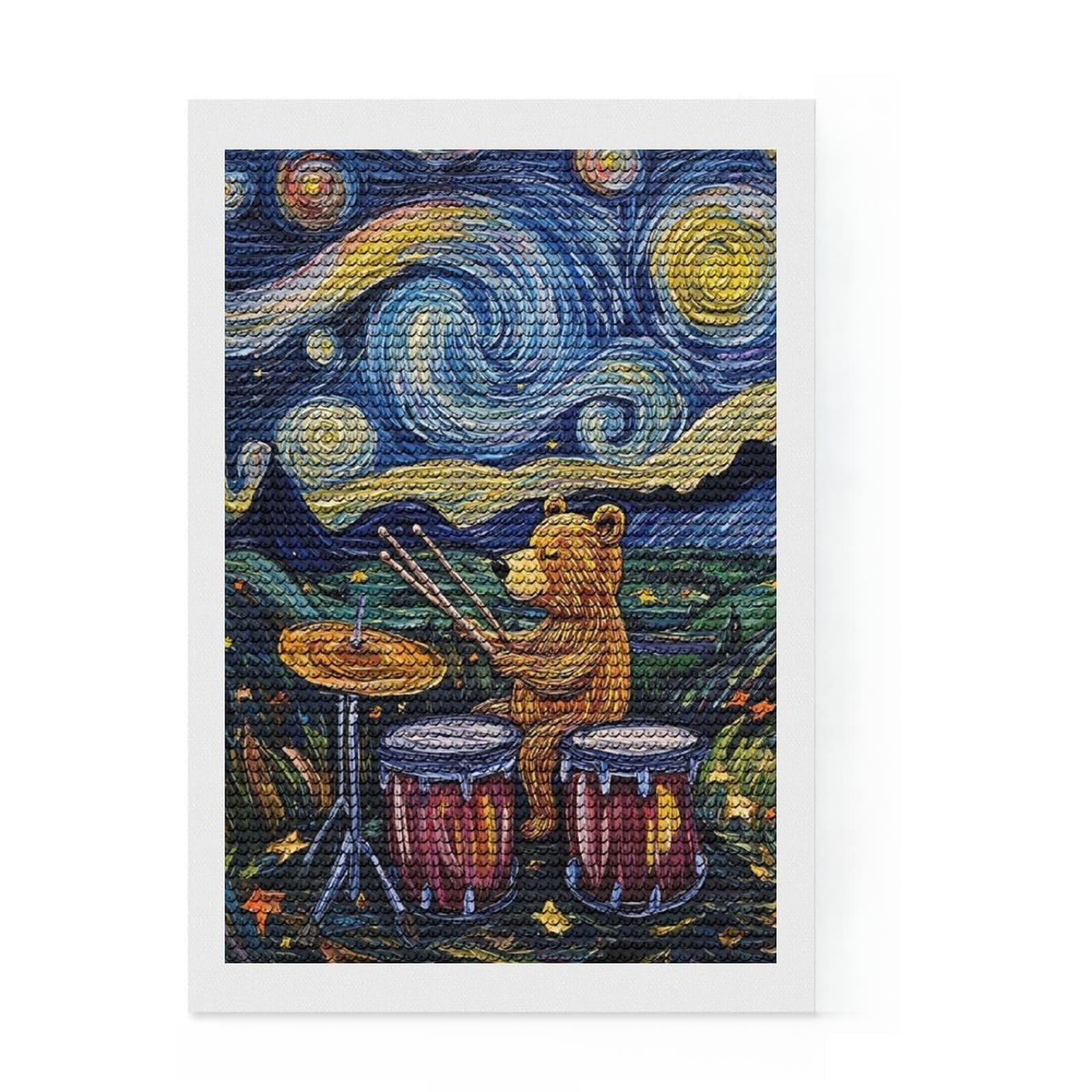 Junmoney Bear Drumming Under Starry Night Diamond Art Canvas 8"x12", for Women, Bedroom Decor, Pleasing Wall Art Project, Birthday Gift, Simple to Start