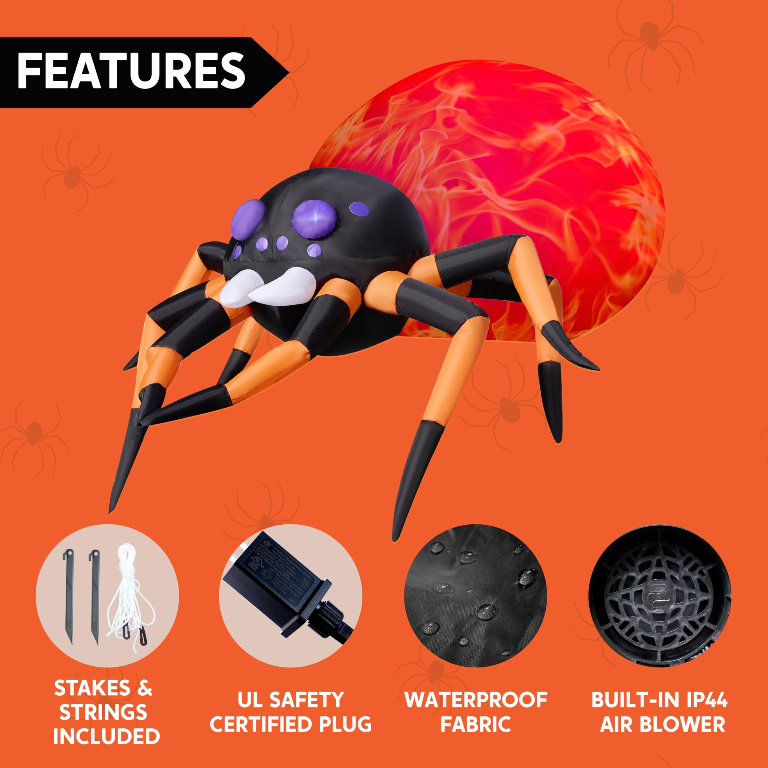 JOIEDOMI 8 Fuß aufblasbare, hängende Halloween-Spinne mit Spinnennetz-Lichtern und eingebauten LEDs. Ideal als Party-Dekoration für Halloween drinnen und draußen im Hof, Garten oder auf dem Rasen.