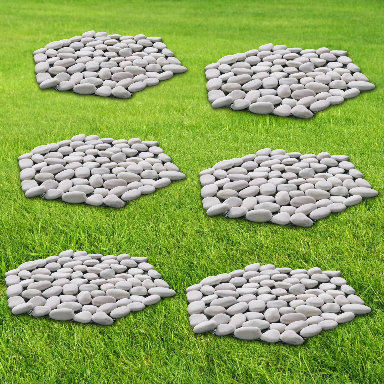 Juego de 6 piedras de río de 10 pulgadas, guijarros pulidos, respaldo de malla de PVC de larga duración, perfecto para caminos de jardín y césped, decoración de paisajismo al aire libre, rombo