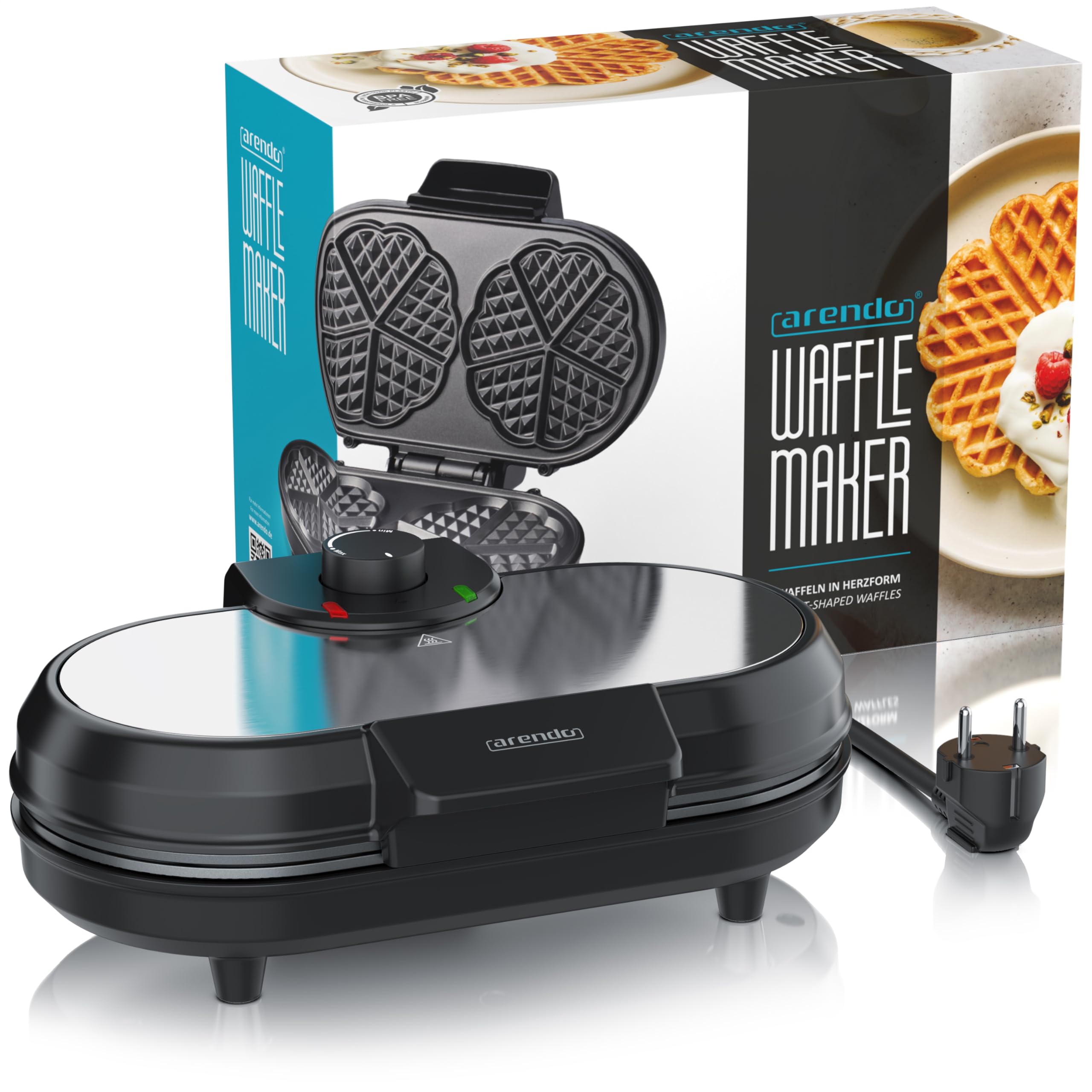 Arendo - Waffeleisen doppelt - Herzform – 1000 Watt – Waffel Maker – antihaftbeschichtet – Herzwaffeln – Temperaturregler - Waffelbackgerät