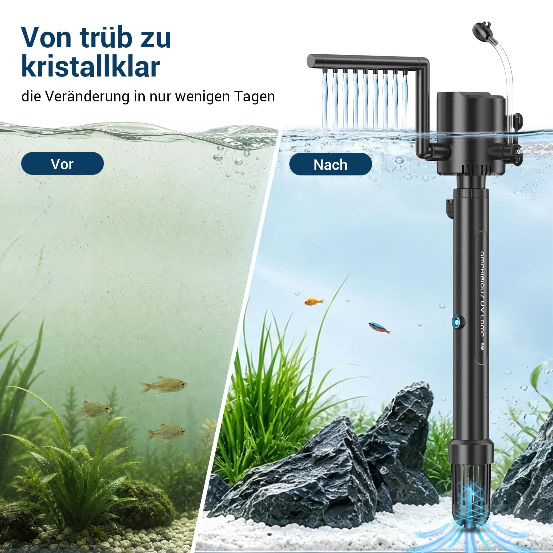 Filtro interior para acuario con esterilizador UVC y temporizador, bomba de filtro 5 en 1 para depósito de peces de 60 – 130 L, lámpara de 8 W, antialgas U-V clarificador para peces de agua