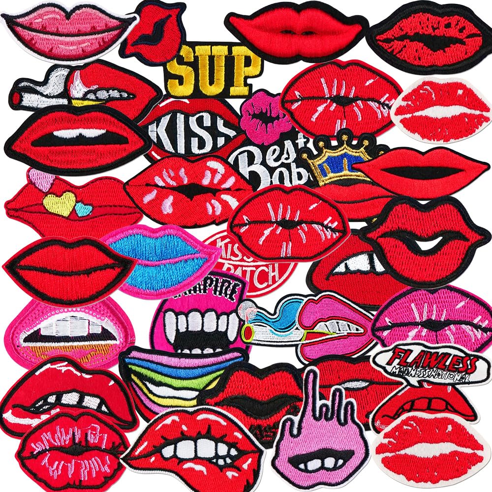 33 PCS Mouth Embroidered Patches Pink Lips Stickers Iron on Sew on Applique Patches for Coat Hat Pants Clothes Uniforms Jeans Bags Jackets DIY Decoration Backpacks