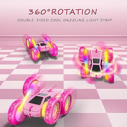 Miniatura 8 de Coche de control remoto para niñas autos de acrobacias a control remoto, 2.4 GHZ de doble cara con 4 baterías modulares USB-C mejoradas, juguetes de