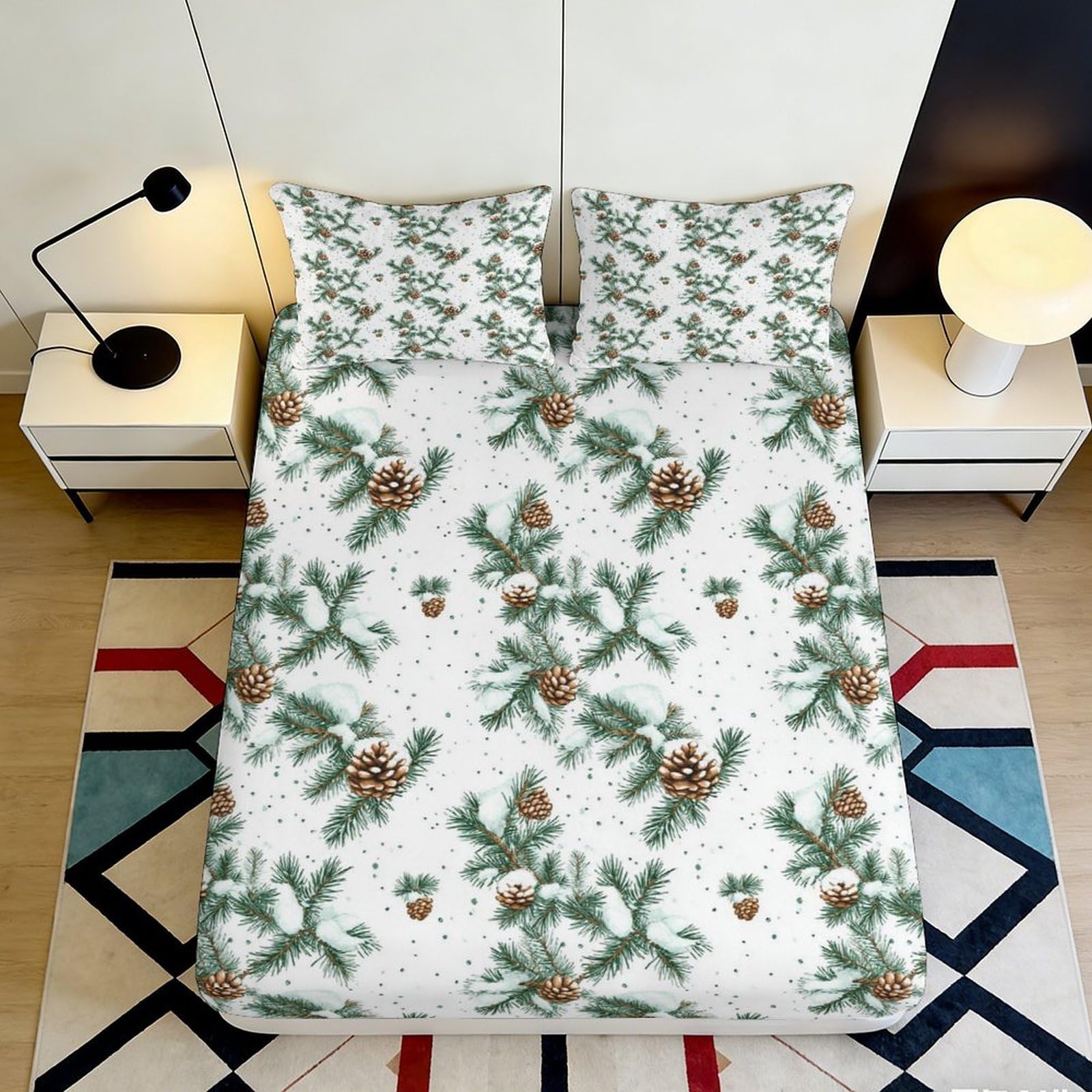Pnayamiorkfel Style-9 3D Printed Pine Cone Snow Fitted Sheet Microfiber Soft Breathable Forest Branch Mattress Cover Bedroom Decor 90X200x25cm