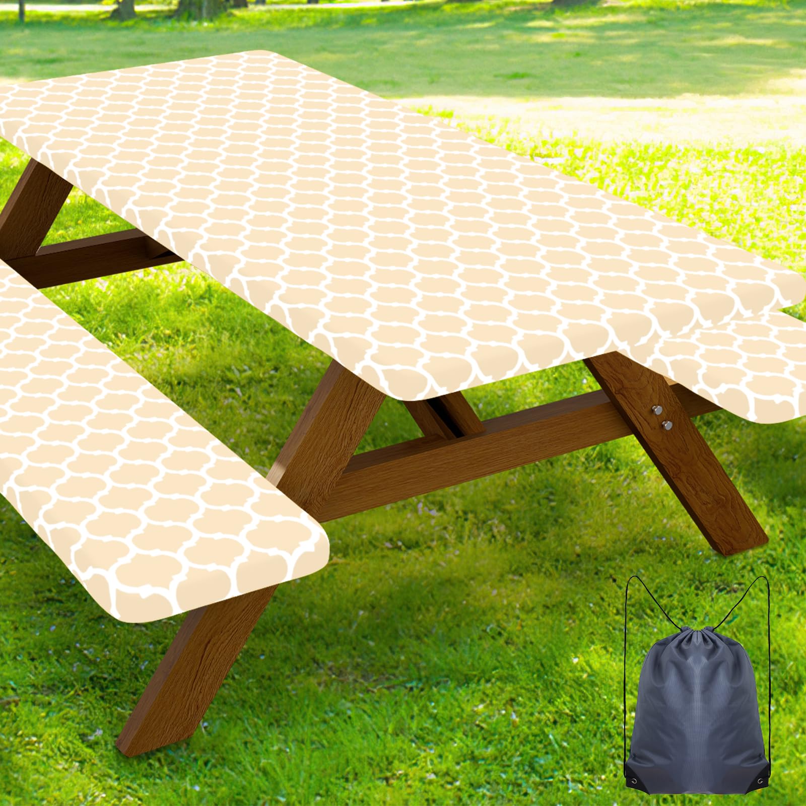 Smiry Picnic Table Cover with Bench Covers, Waterproof Elastic Fitted Tablecloth for 8 Foot Tables, Washable Polyester Tablecloths for Camping, Indoor &amp; Outdoor (Beige, 30x96 Inch 3-pc Set)
