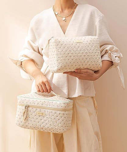 Miniatura 7 de HBselect Bolsa de maquillaje acolchada, 3 piezas de algodón grande, bolsa de maquillaje de viaje, bonita bolsa de maquillaje floral de coqueta,