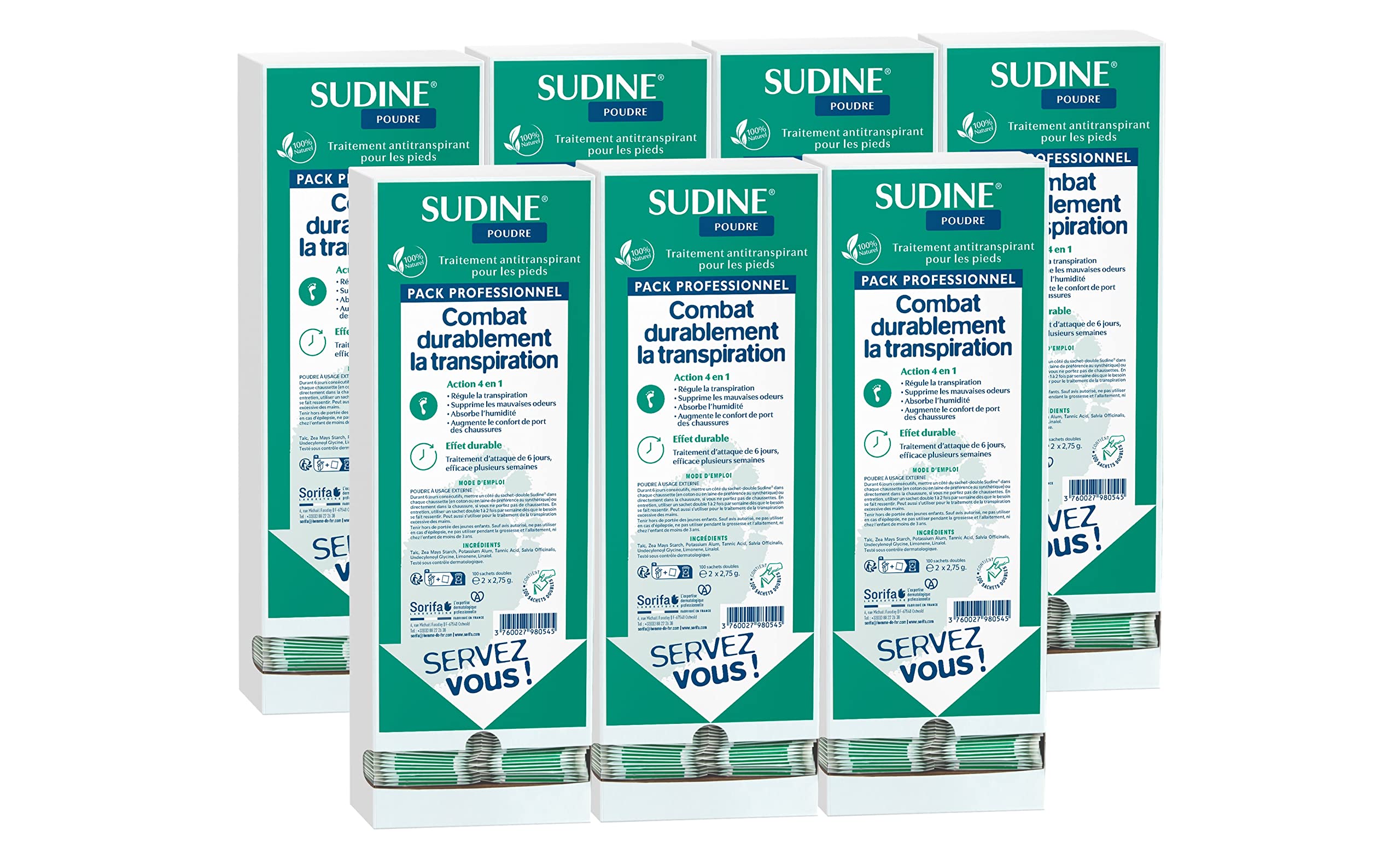 Set di 7 - Sudine Polvere Trattamento Antitraspirante - Piede - Regola il sudore - Assorbe - Previene le micosi - Senza sali di alluminio - Made in France - Bte 100 buste doppie
