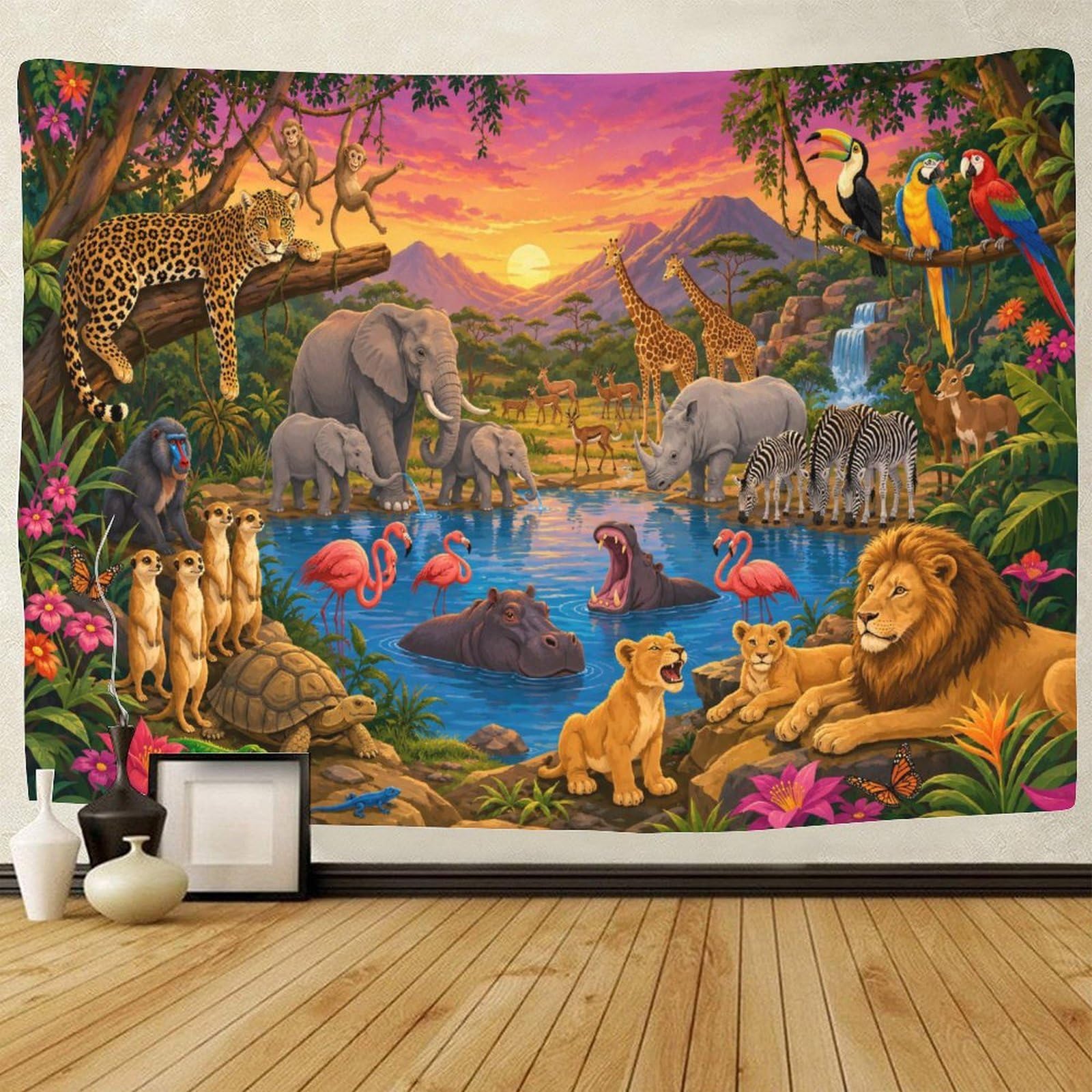 GPMNBCXZK African Savannah Wildlife Animals 3D Print Wall Tapestry Wall Hanging Decor Tapestries Home Decoration Curtain Living Room College Dorm 150cmx200cm